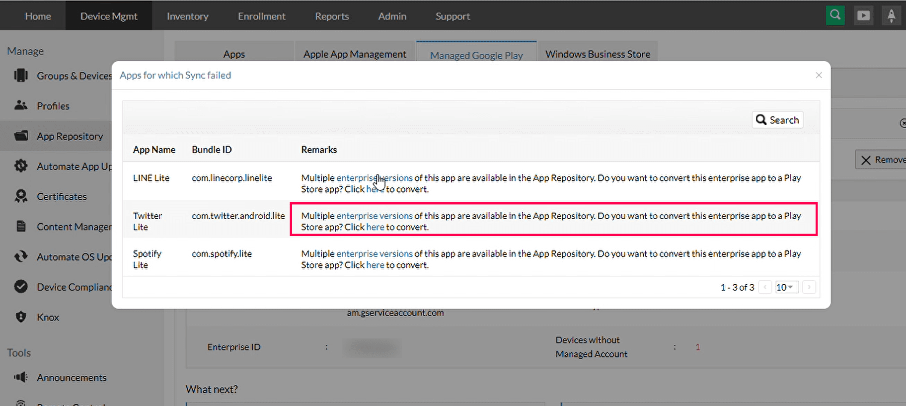 MDM console prompt to convert multiple enterprise app versions to a single Play Store app