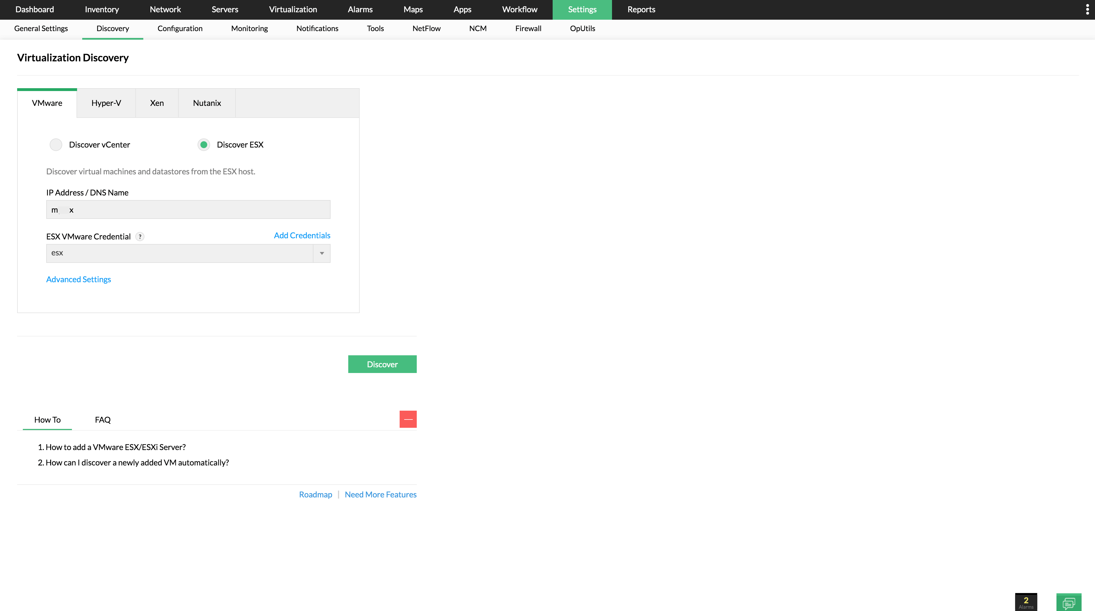 VMware ESX Host Monitoring in OpManager: Virtualization discovery