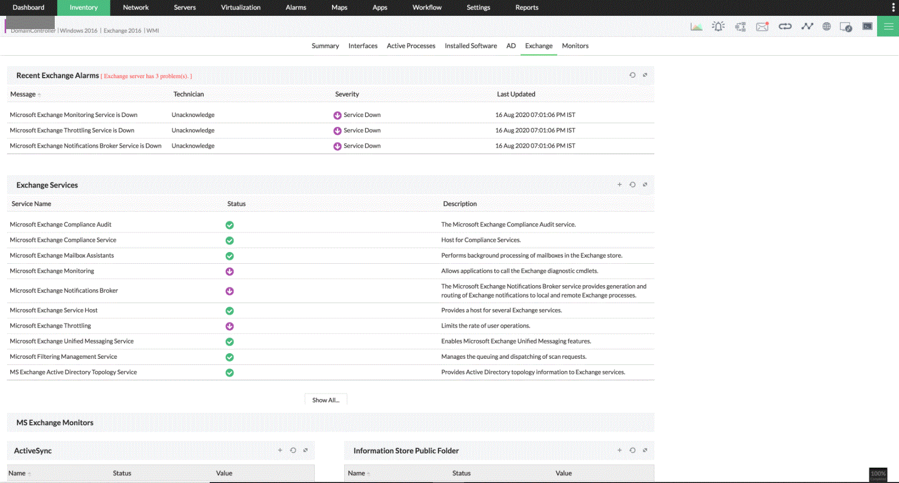 Exchange monitoring in OpManager: Dashboard