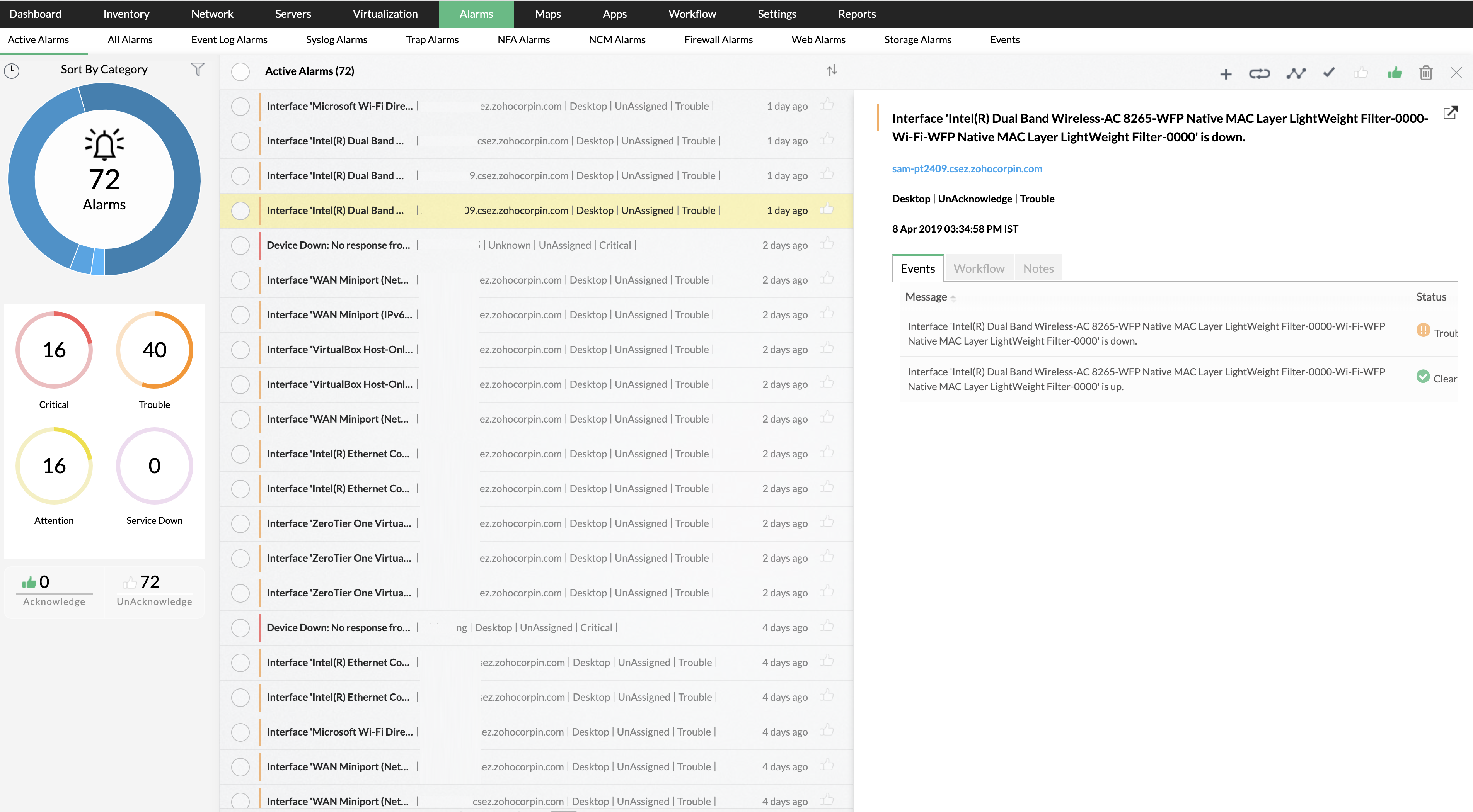 Interface Monitoring in OpManager: Interface monitoring alarms