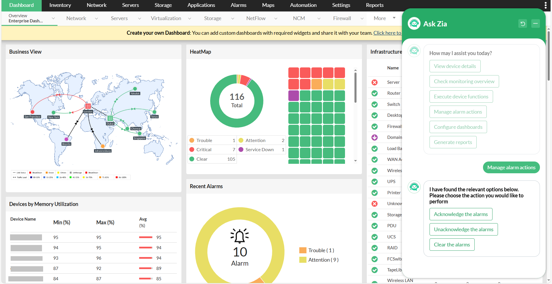 Zia Chatbot in OpManager: One-click actions