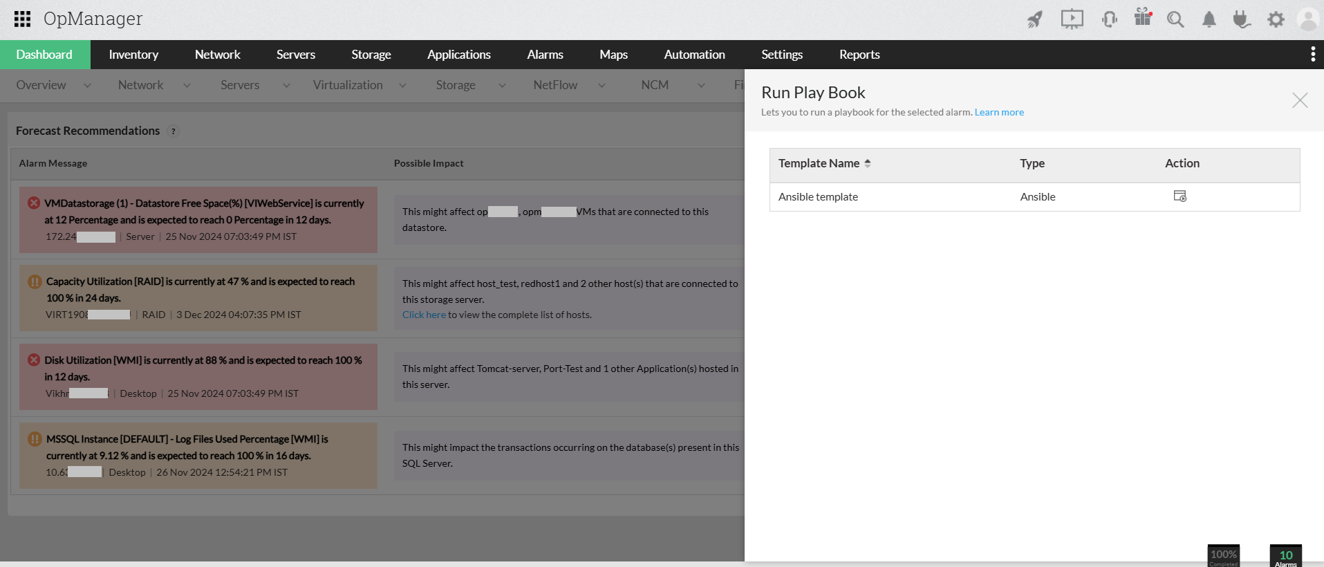 Zia insights dashboard in OpManager: Run play book