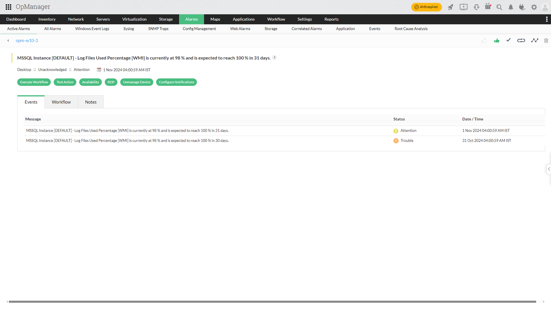 Zia insights dashboard in OpManager: MSSQL instance