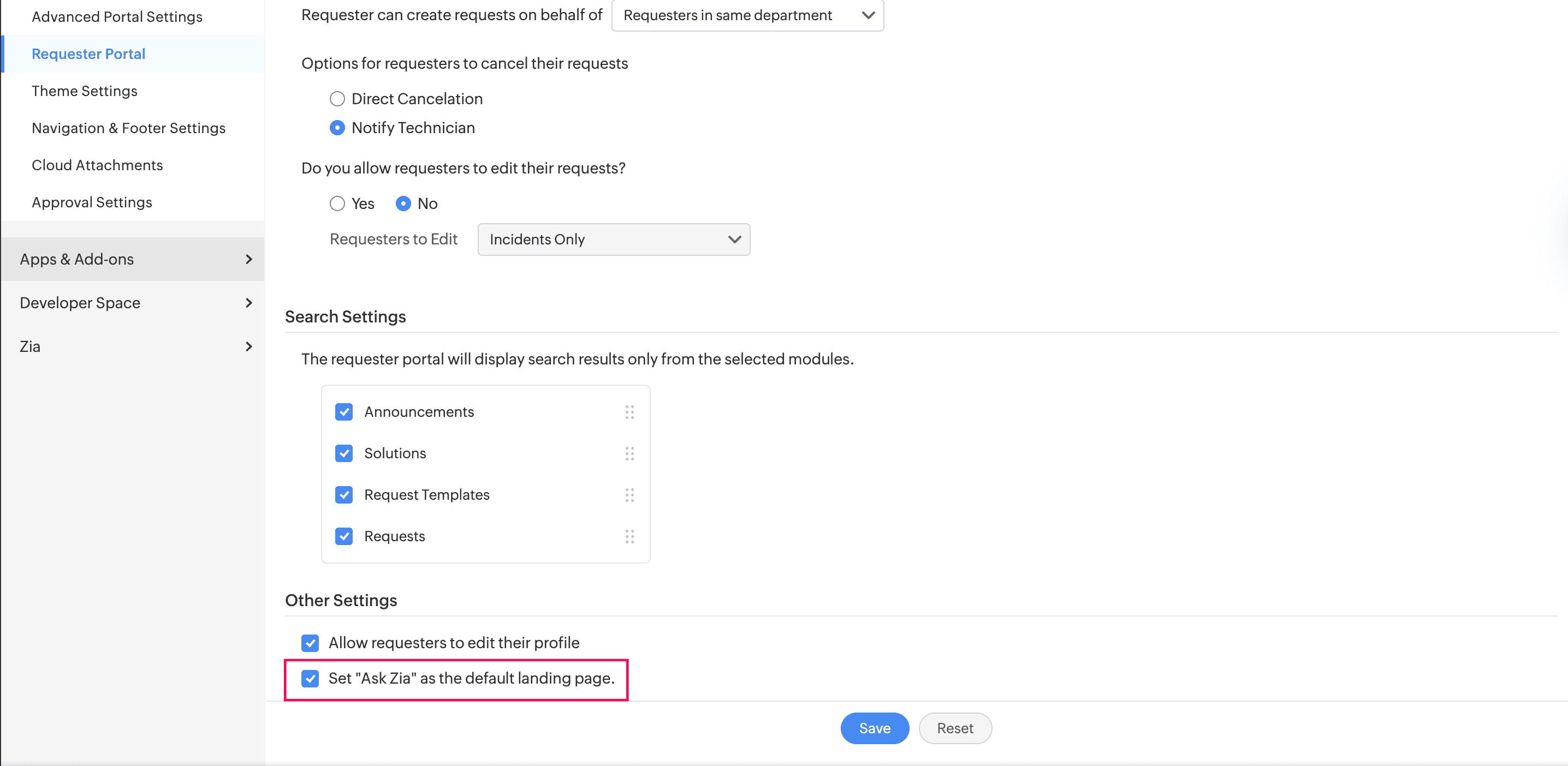 Set Ask Zia as Default Landing Page for Requesters