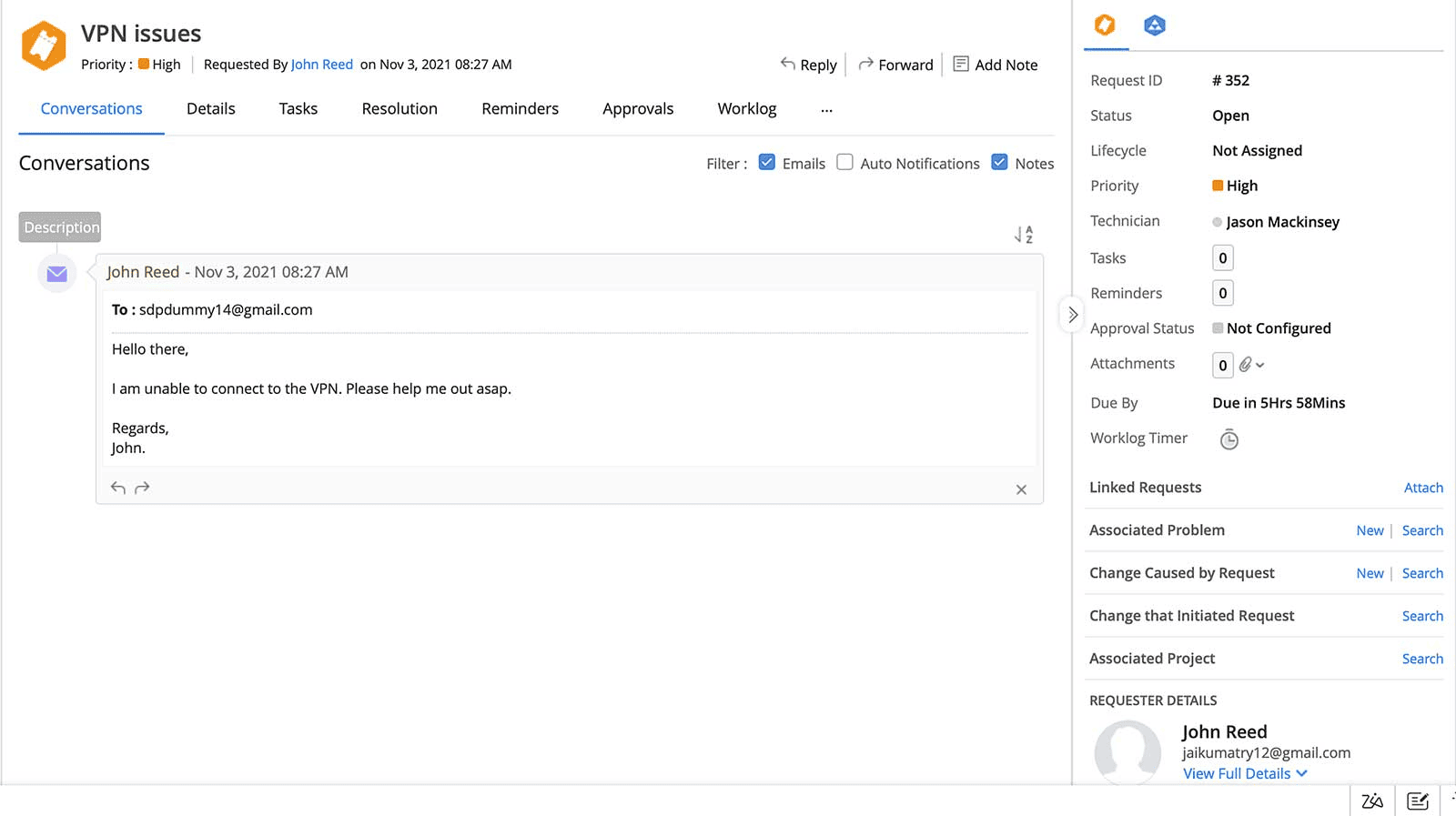 Automatically logged tickets from incoming emails in ServiceDesk Plus