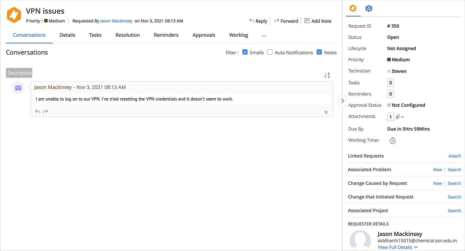 Example of a ticket created in ManageEngine ServiceDesk Plus