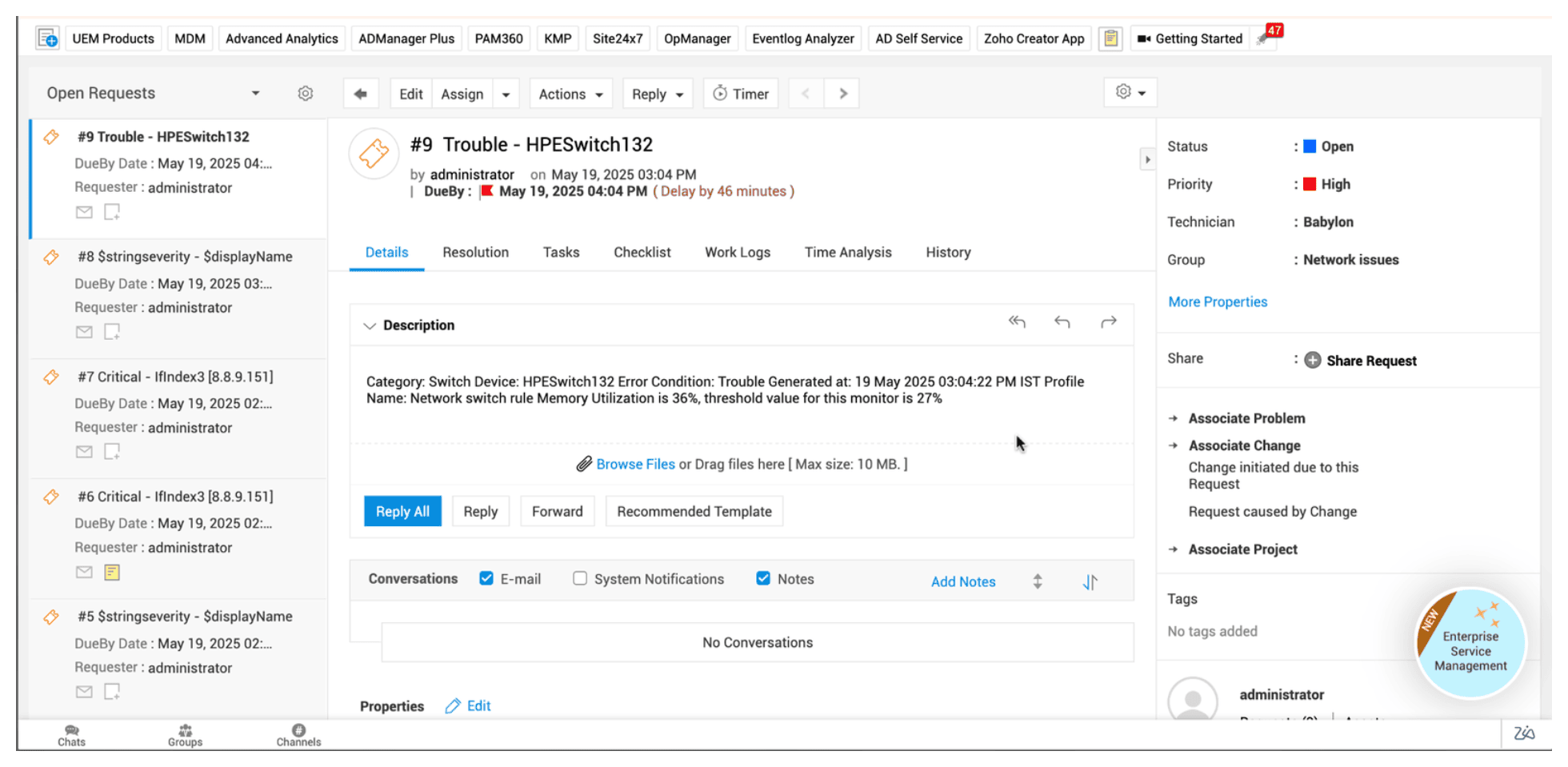 OpManager and ServiceDesk Plus integration