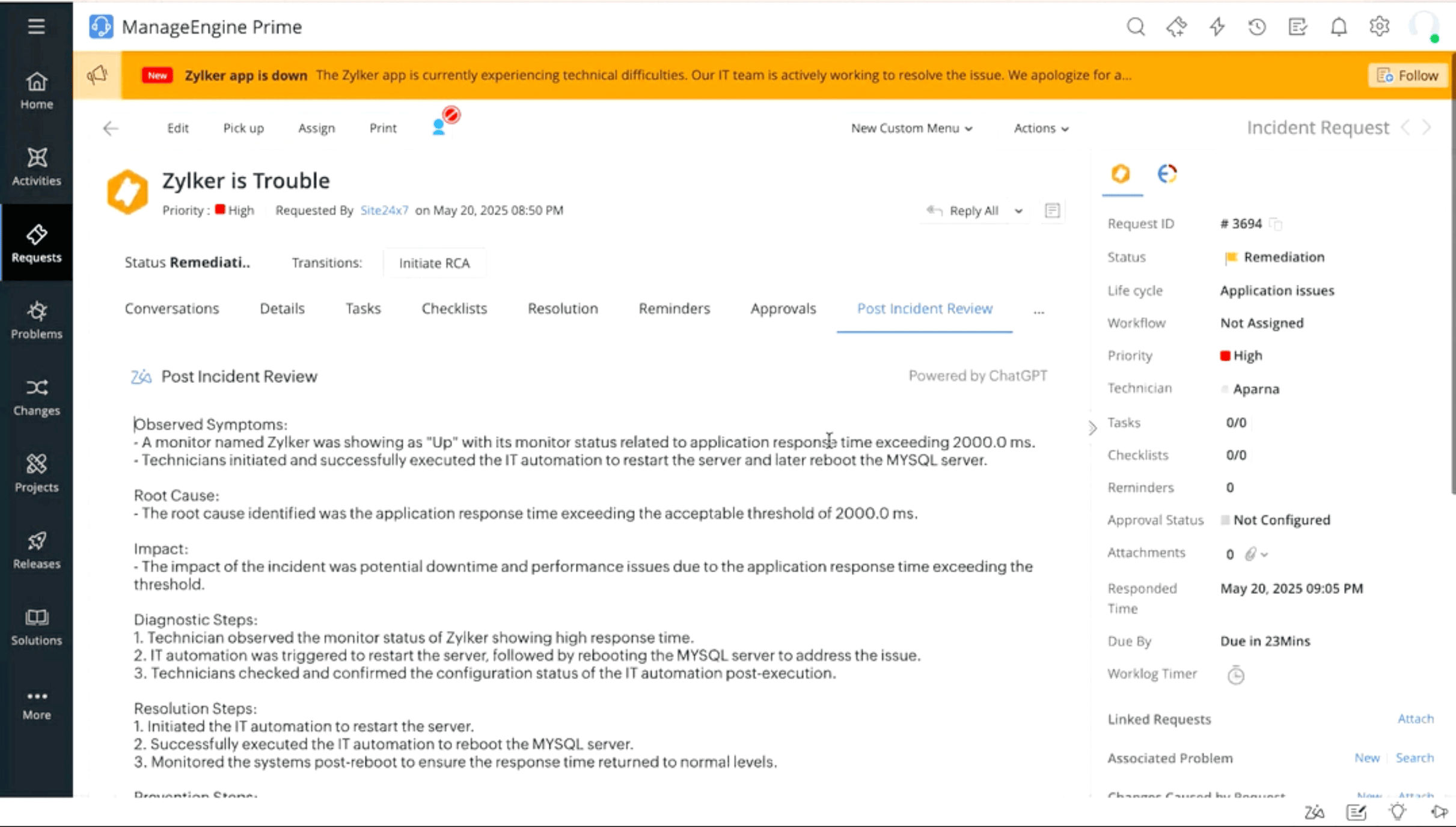 Zia's post incident review in SDP