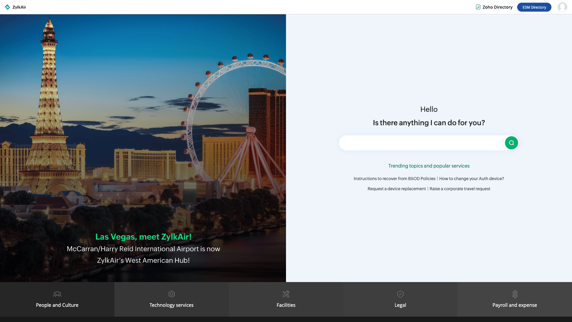Custom ESM portal in ServiceDesk Plus showing unified access to HR, Facilities, Finance, Legal, and IT services through a centralized service portal