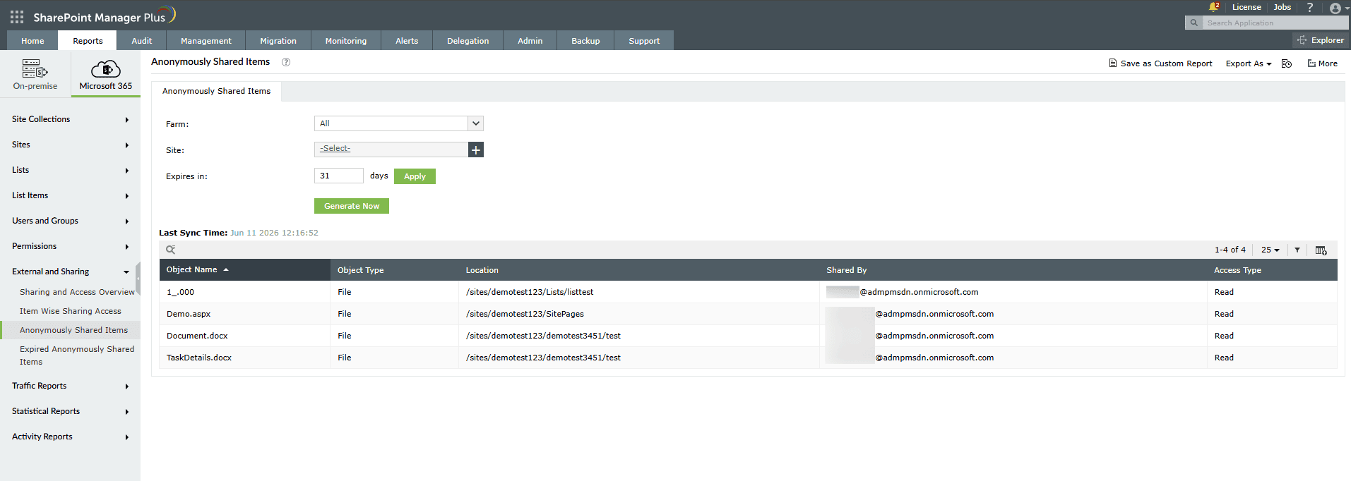 The Anonymously Shared Items report in SharePoint Manager Plus.