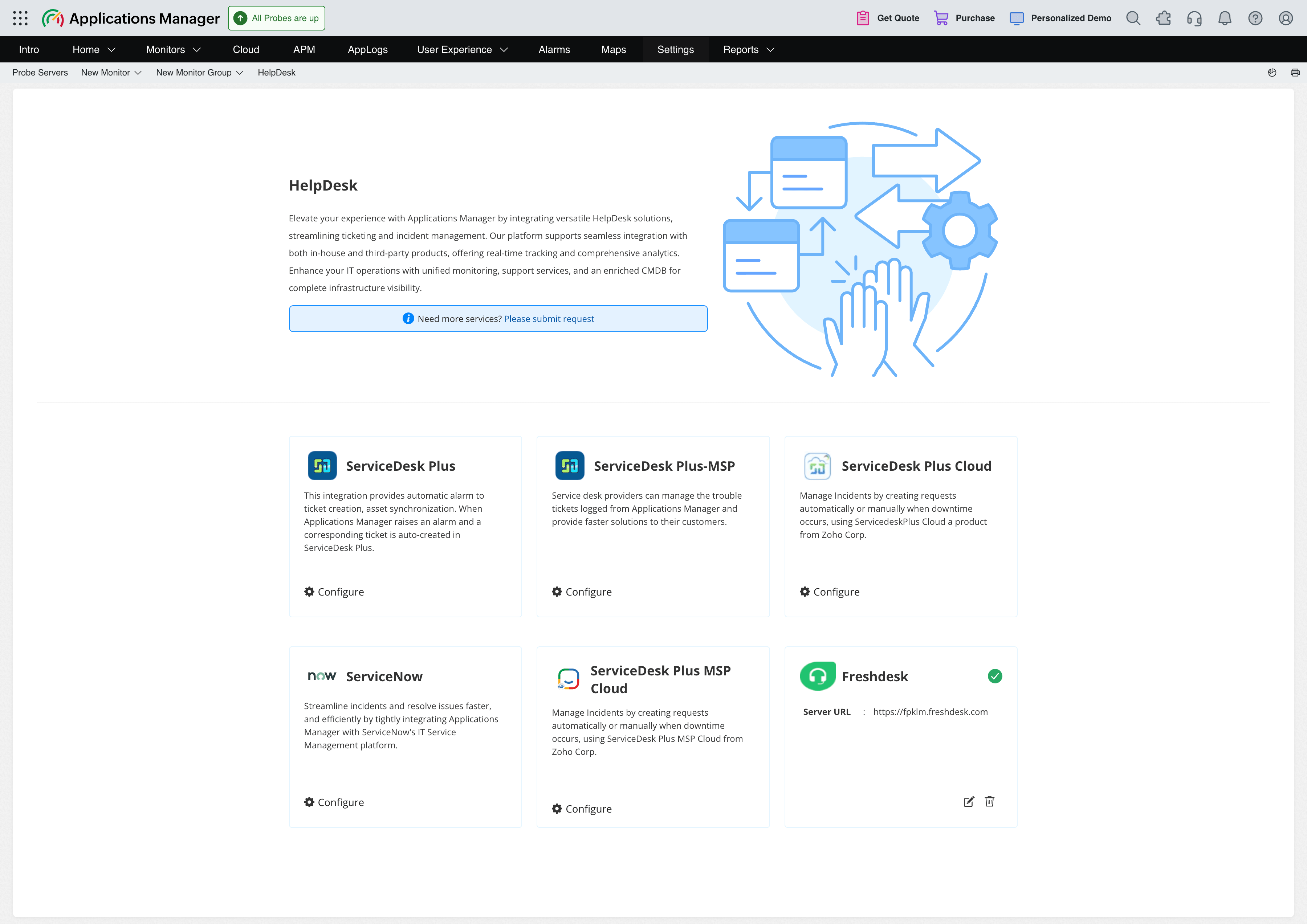 Applications Manager integrations page showing the configured Freshdesk integration and server URL