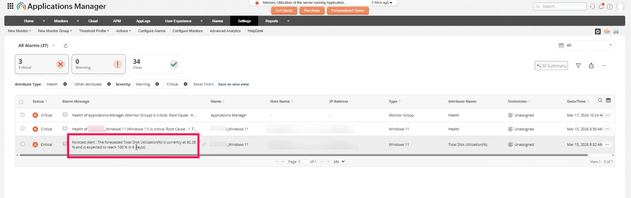Forecast Alerting - ManageEngine Applications Manager