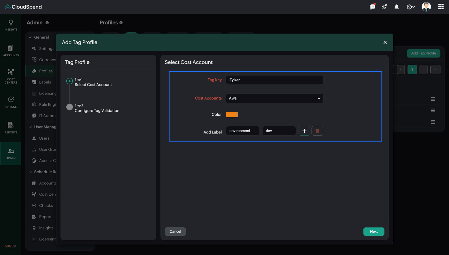 select-cost-account Cost Account step