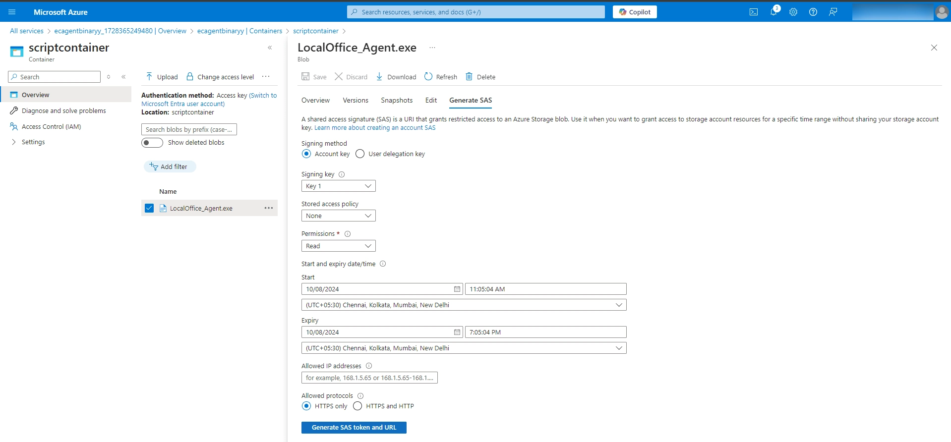 Configure SAS token Setting the expiration date and allowed protocol for the SAS token