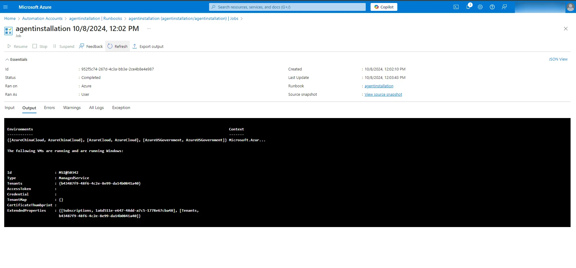 Start the runbook Starting the runbook and monitoring job status in the Jobs tab