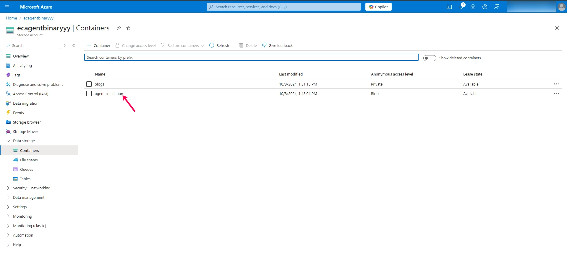 Open the created Blob container and click on the Uploadbutton to upload the agent files Open the created Blob container and click on the Uploadbutton to upload the agent files