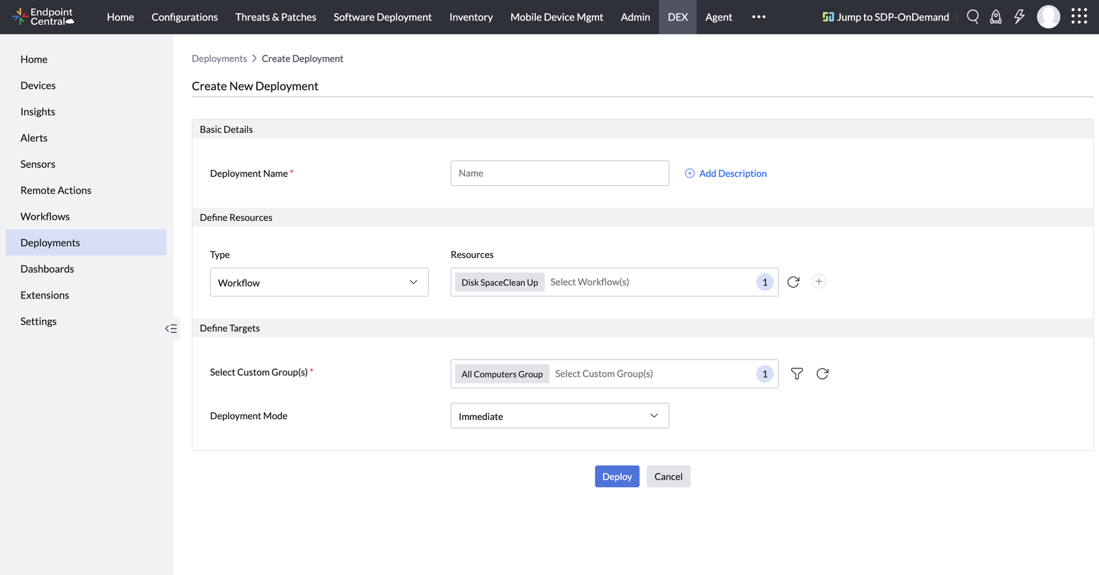 Create Deployment screen showing workflow selection, target selection, and deployment mode.