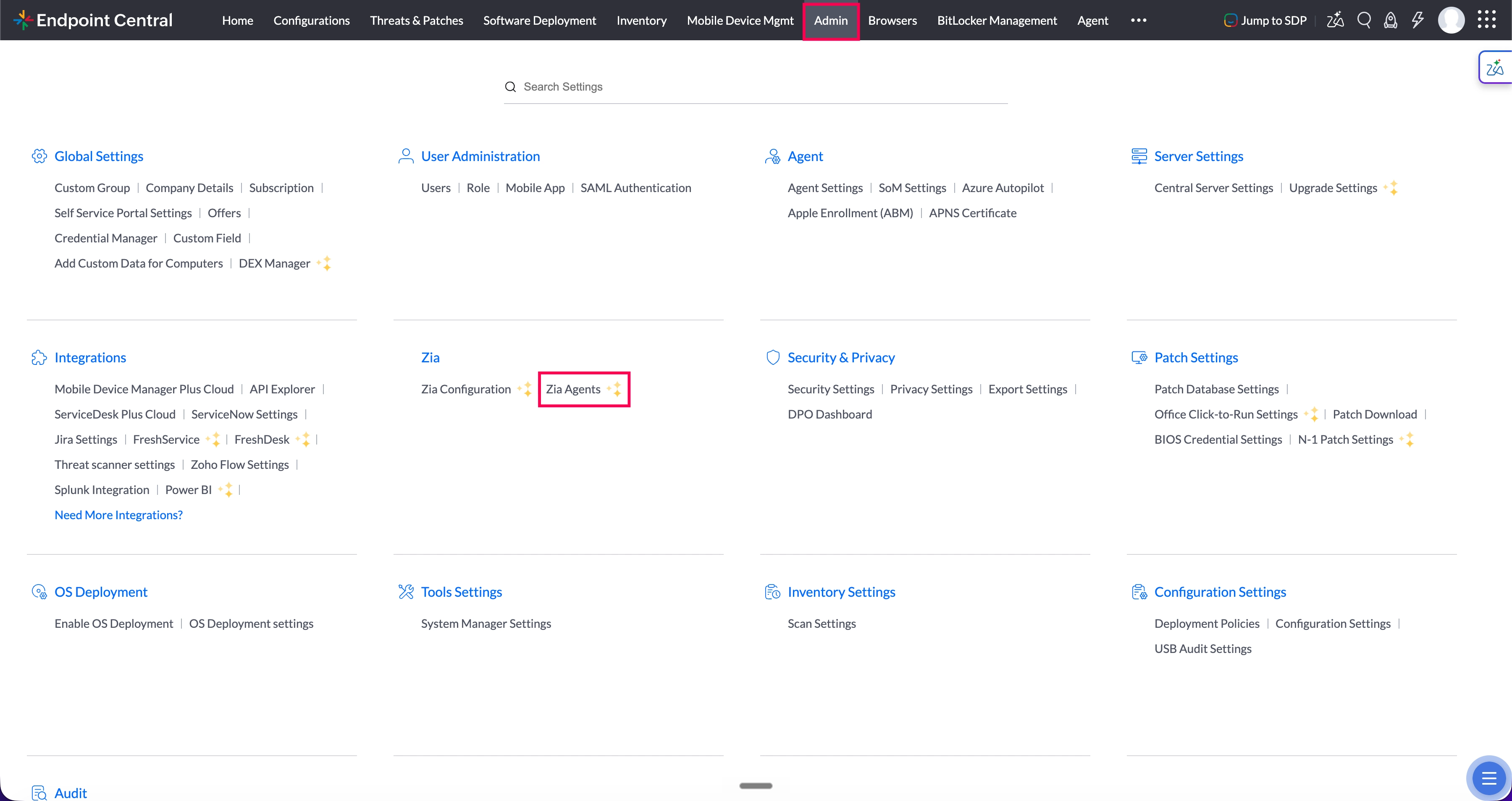 Zia Agents page listing all predefined and custom agents