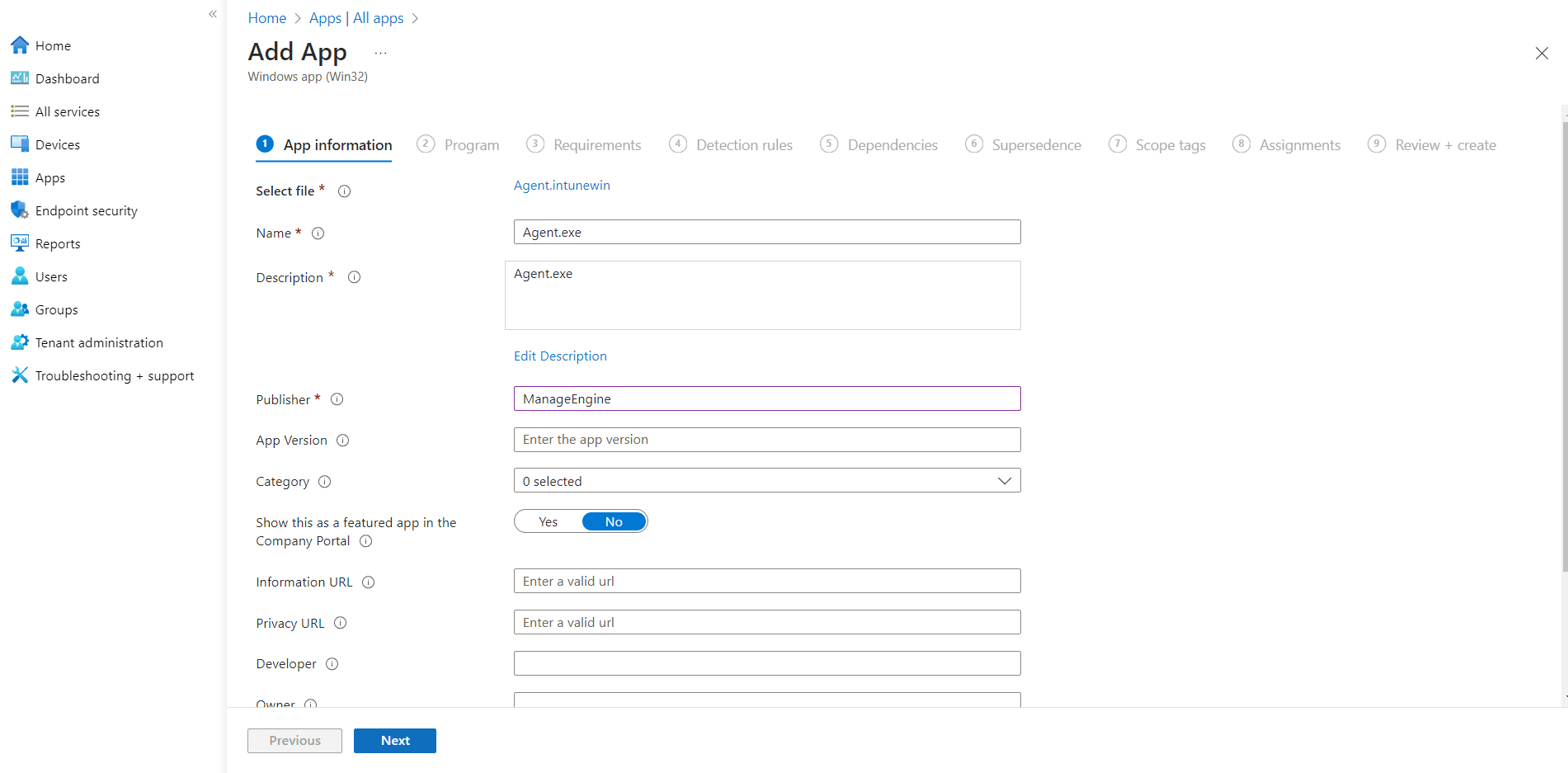 Provide the application name and publisher information, then click Next Provide the application name and publisher information, then click Next