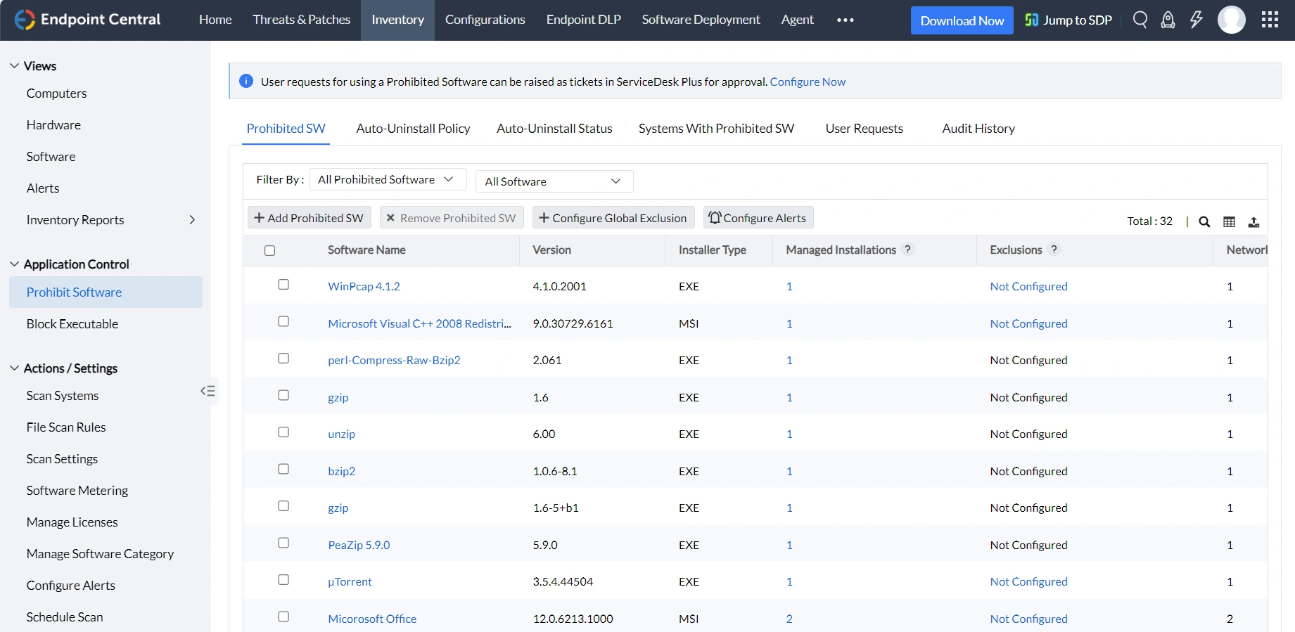 Endpoint Central Prohibit Software Prohibit Software console view under Inventory in Endpoint Central.