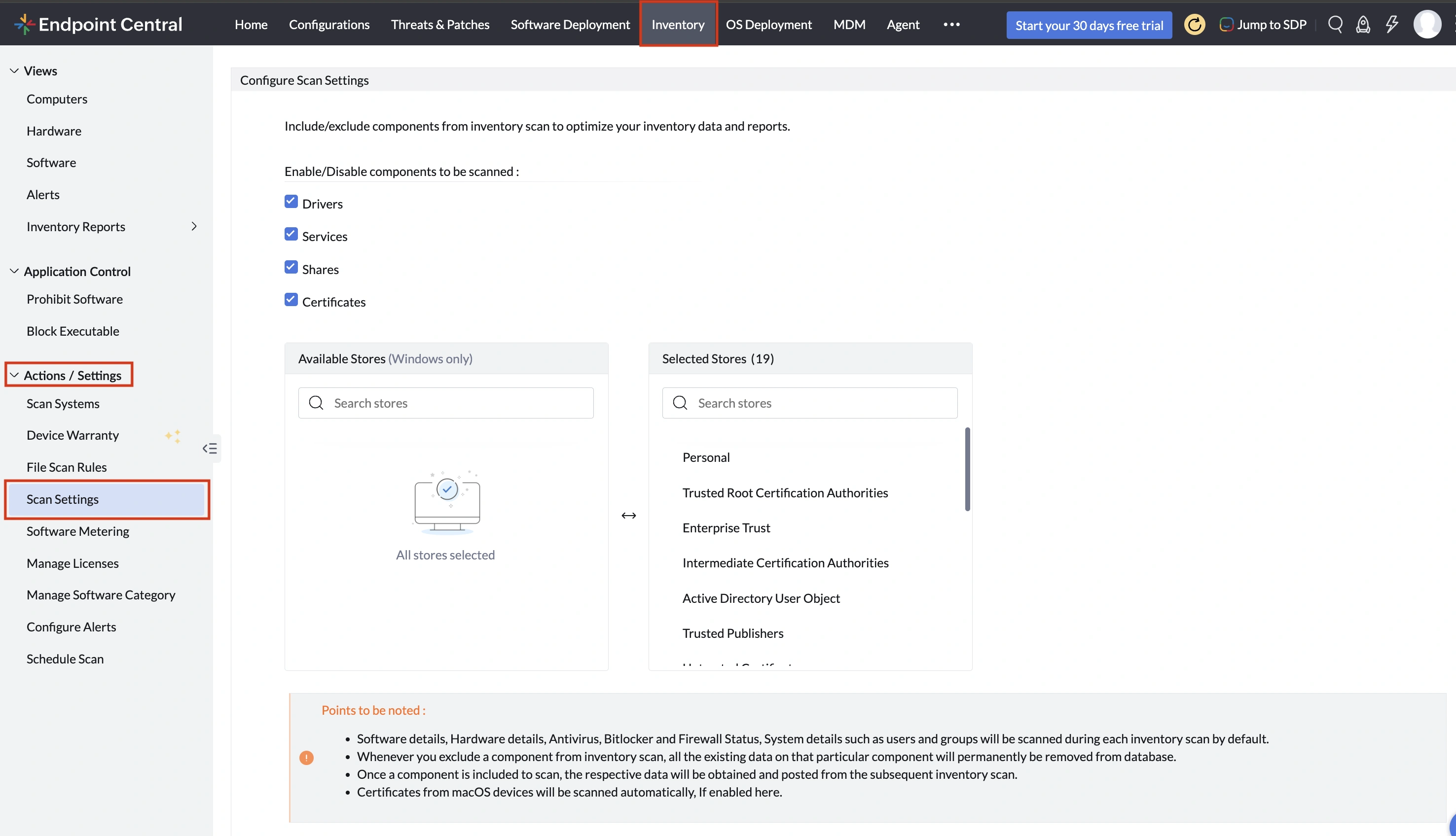 Asset Scant Settings console view in Endpoint Central