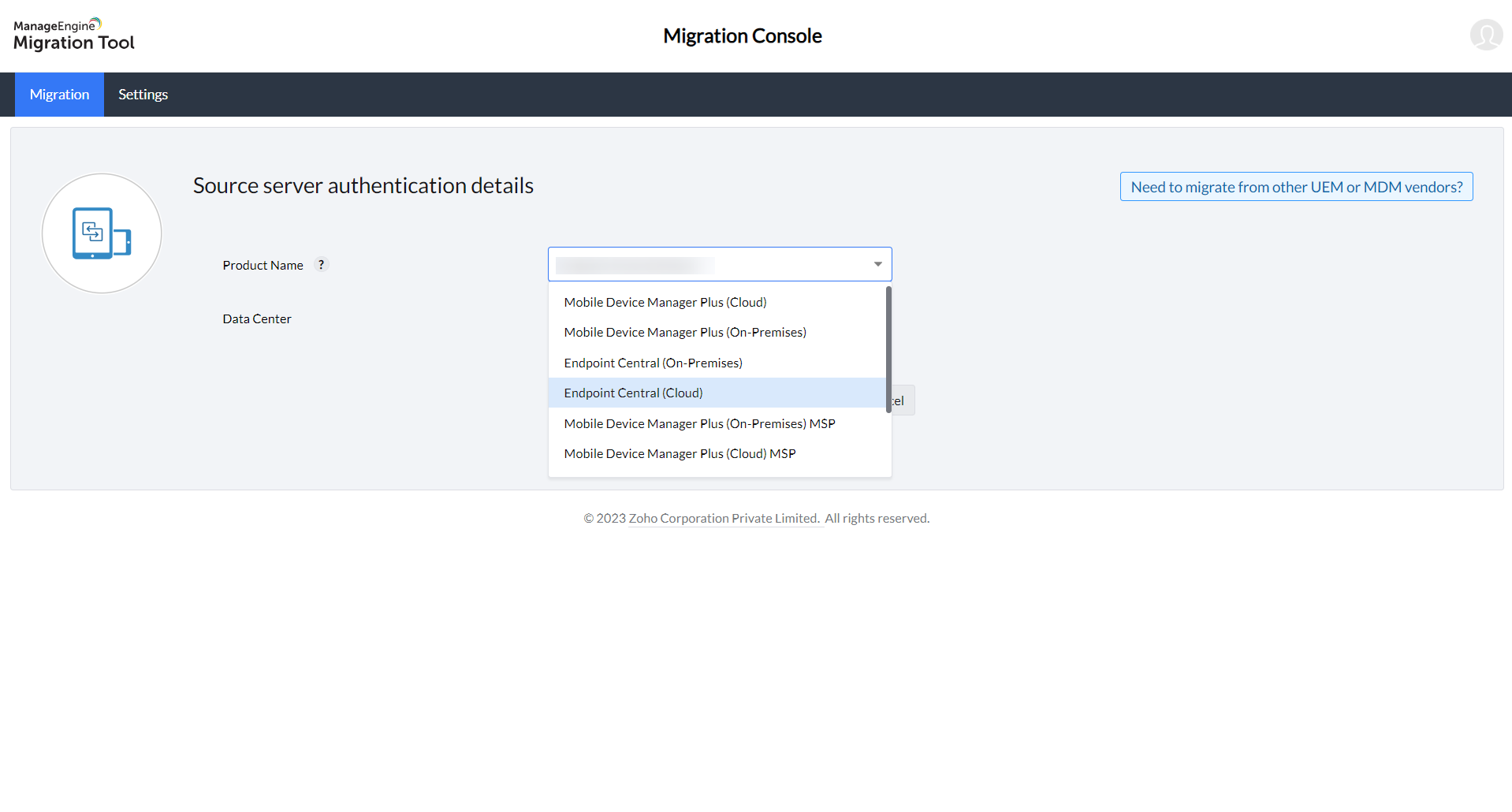 Migration Tool - Select Source Product