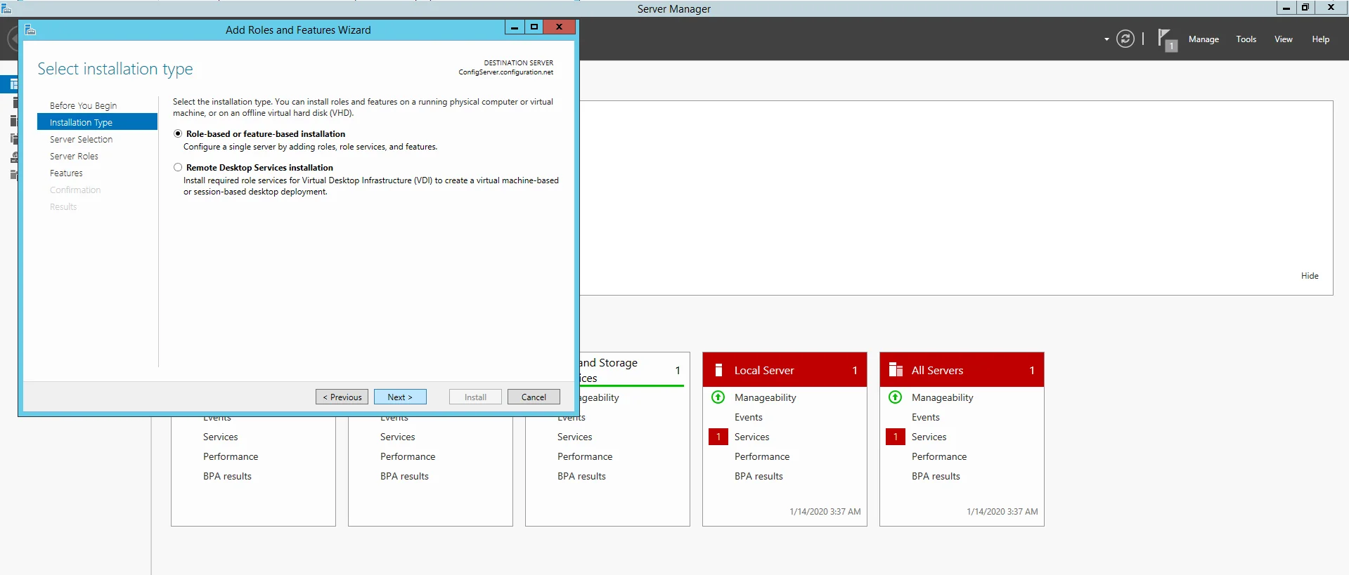 Selecting Installation type as Role-based or feature based installation from the Server Manager tool's Add Roles and Features Wizard Selecting Installation type as Role-based or feature based installation from the Server Manager tool's Add Roles and Features Wizard