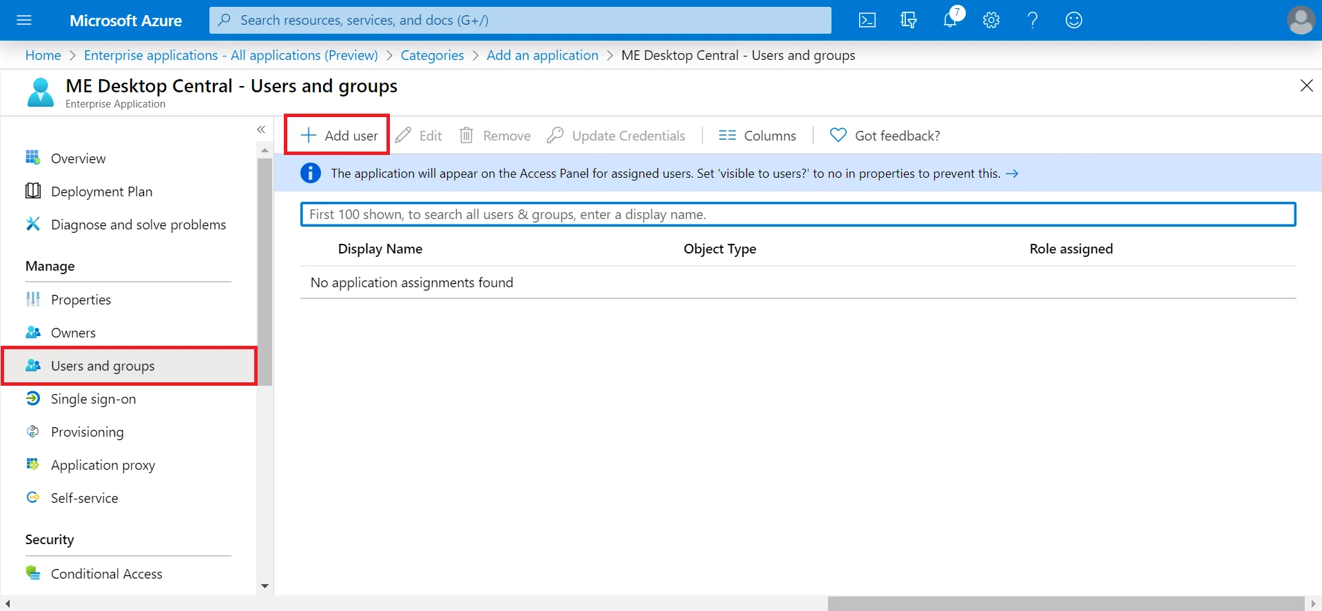 SAML Authentication settings for Azure Azure click Users and groups. Select Add user.