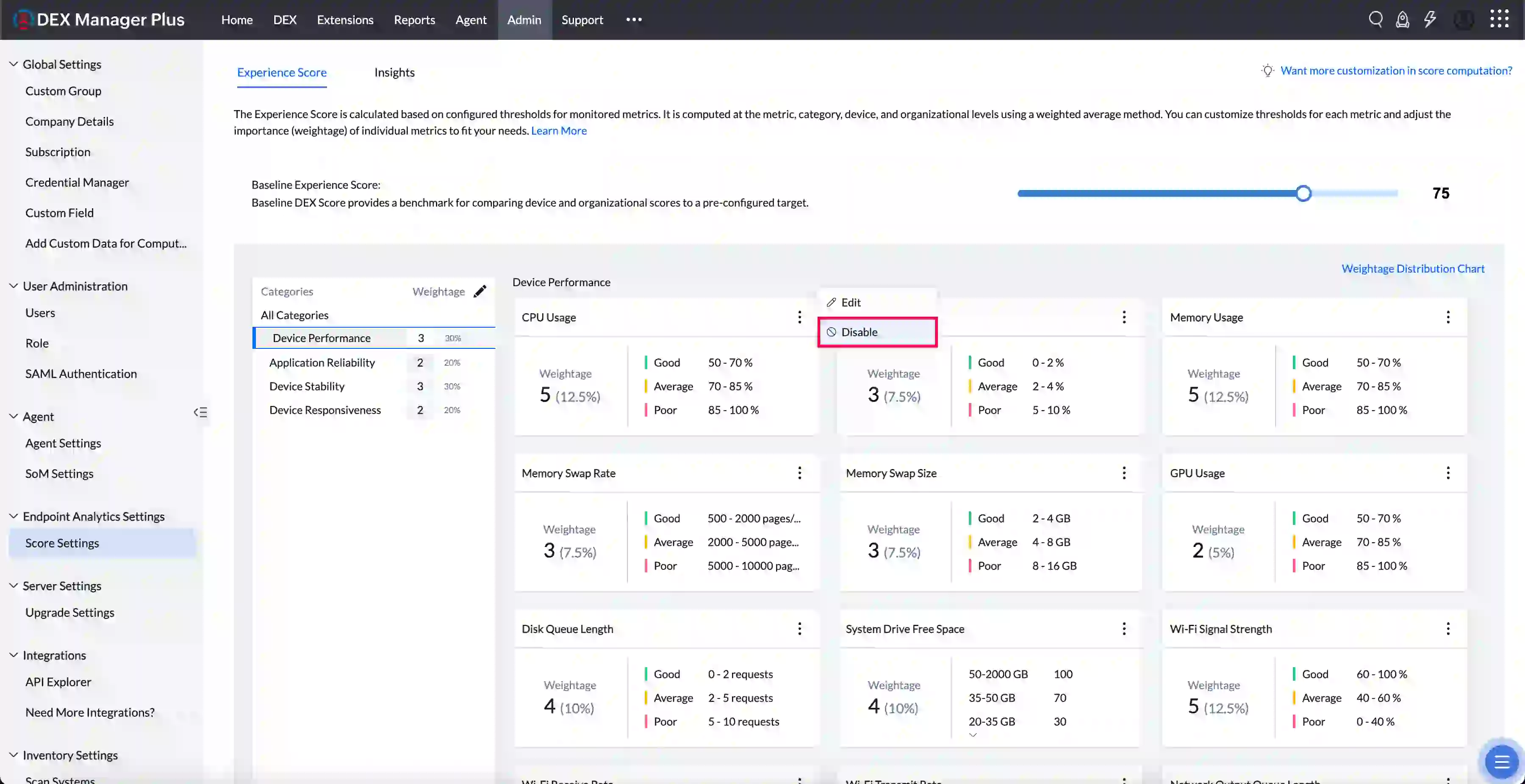 Disabling Irrelevant Metrics Metric tile with toggle to enable or disable a metric from DEX Score calculations