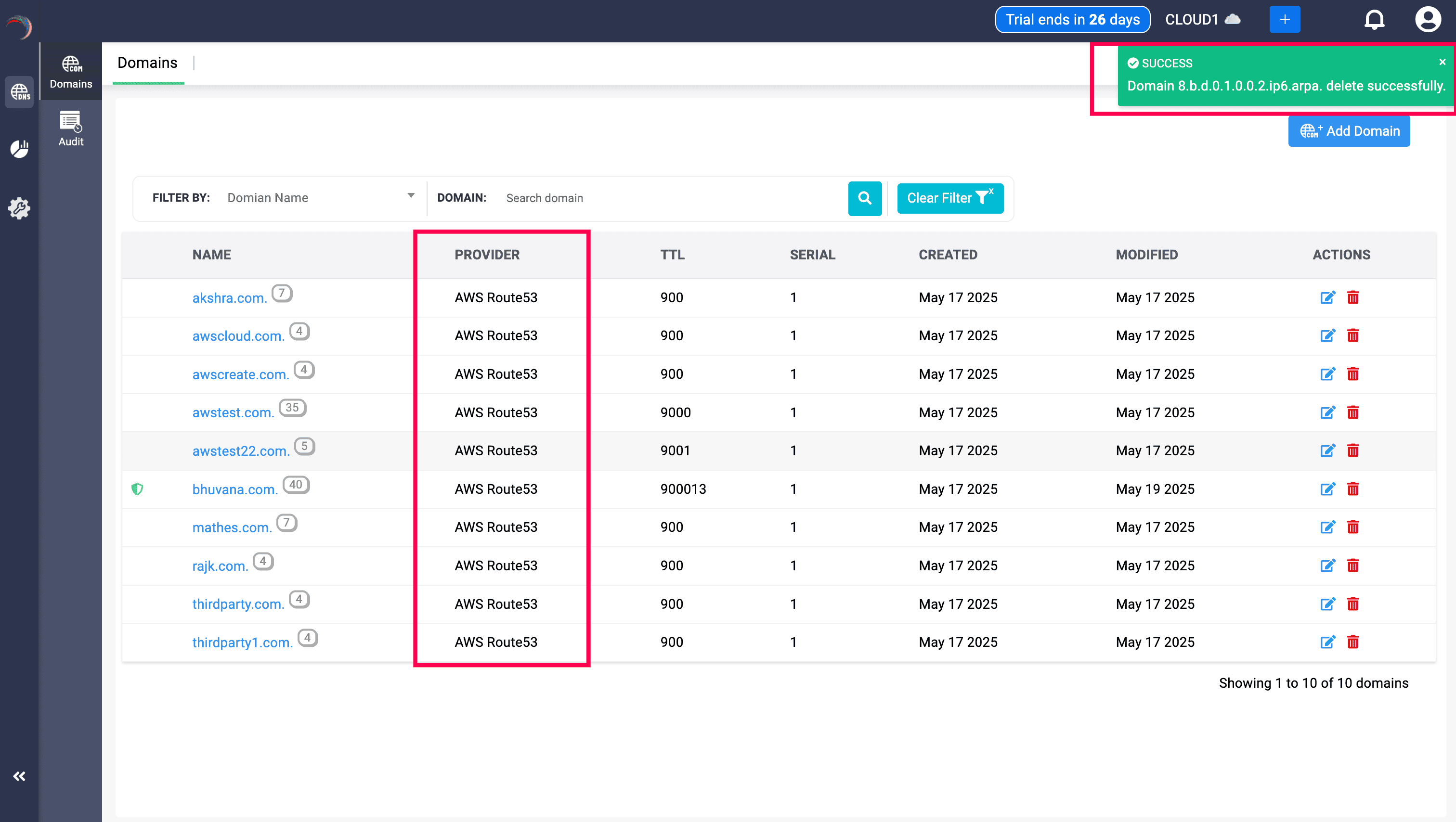 Domain Deletion Success Notification