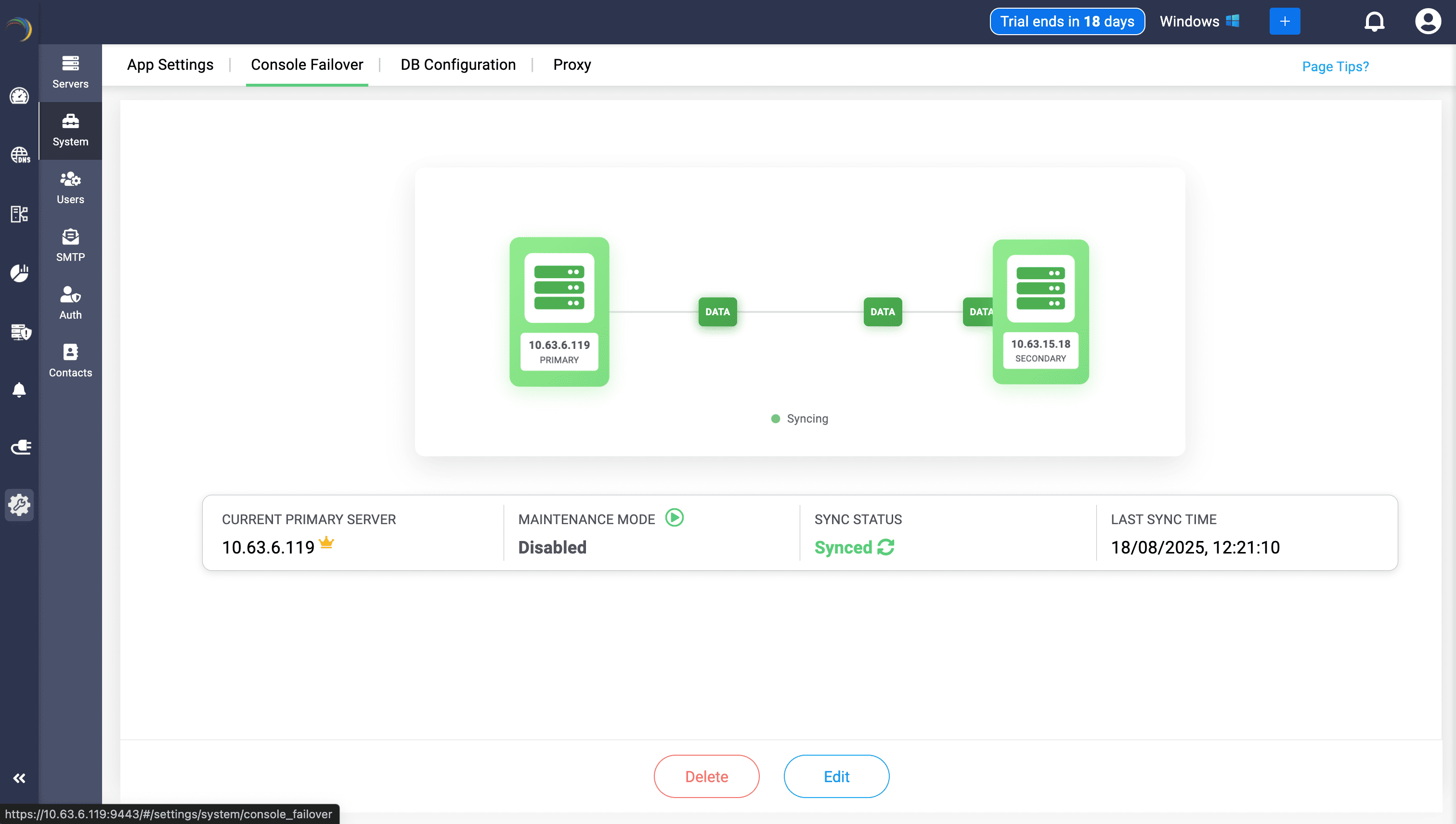 Main Console-Hot Standby server