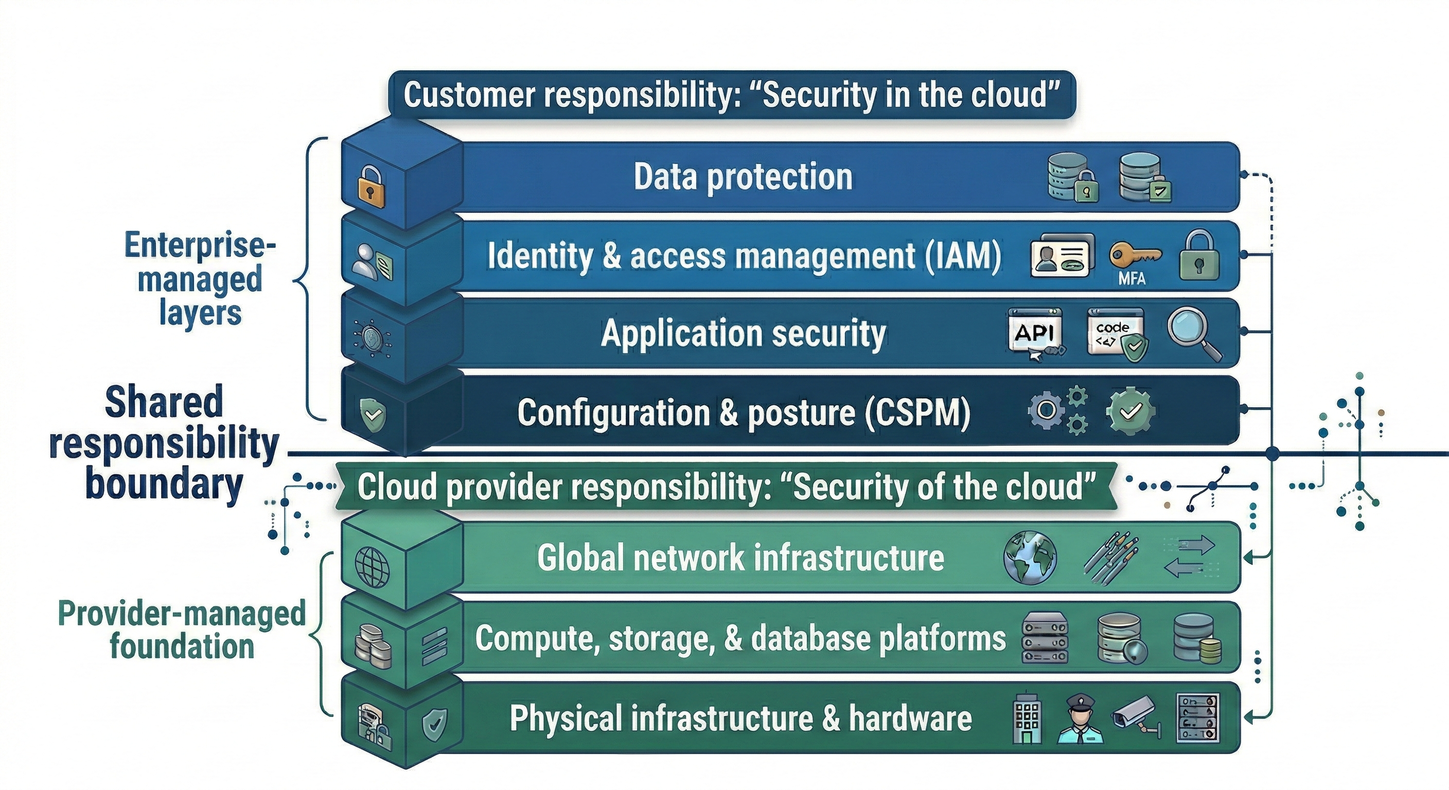 The shared responsibility model between the enterprise and cloud provider