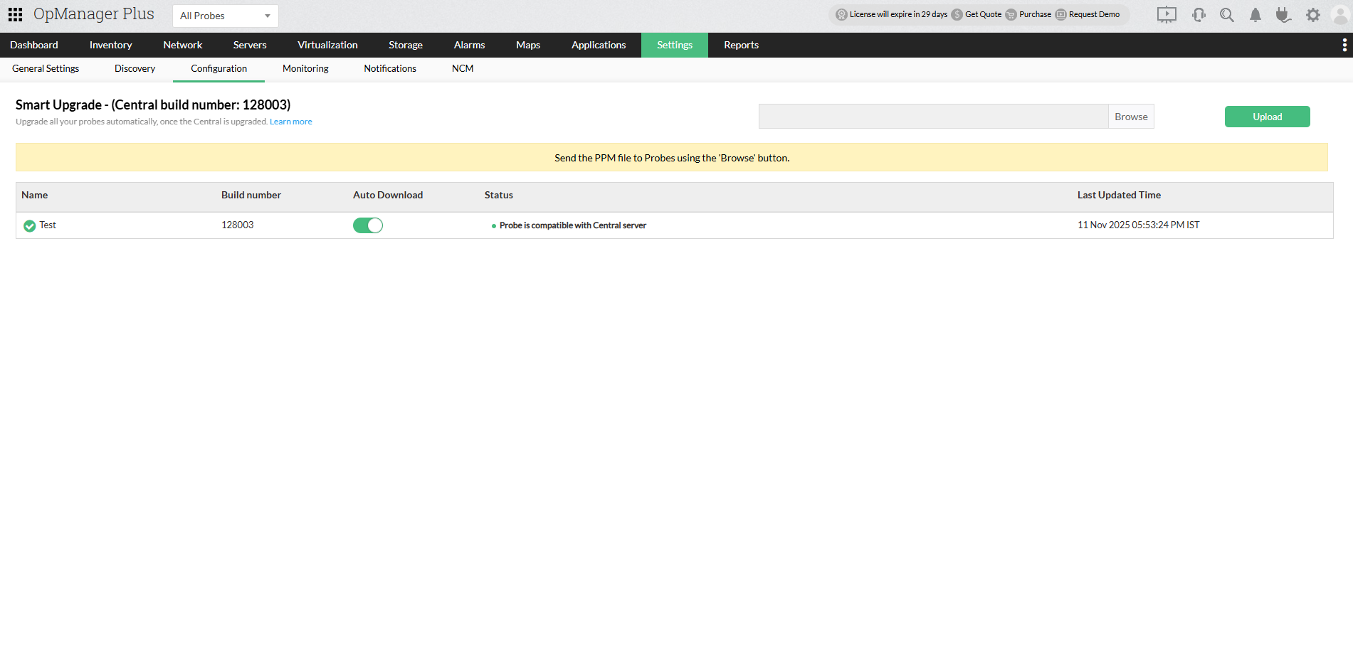 OpManager Plus Enterprise Edition update guide: Smart upgrade display page