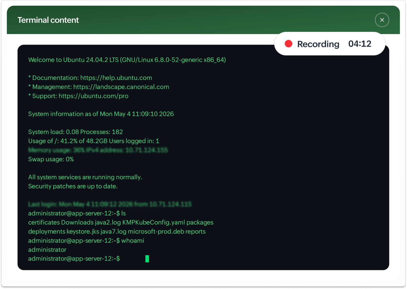 Replaying a recorded SSH session in Key Manager Plus for forensic analysis