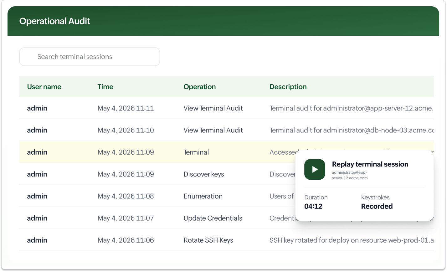 Recorded privileged SSH session listed in the Key Manager Plus audit interface