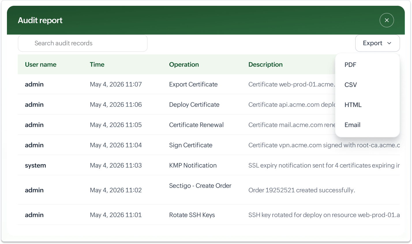 Exporting audit trails as PDF or CSV in Key Manager Plus