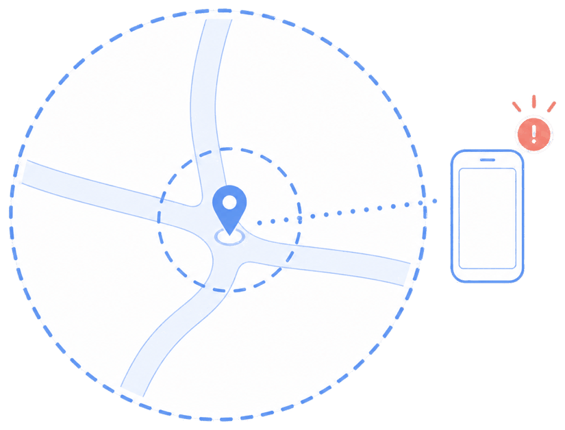 A geofence around a job site with a device crossing the boundary