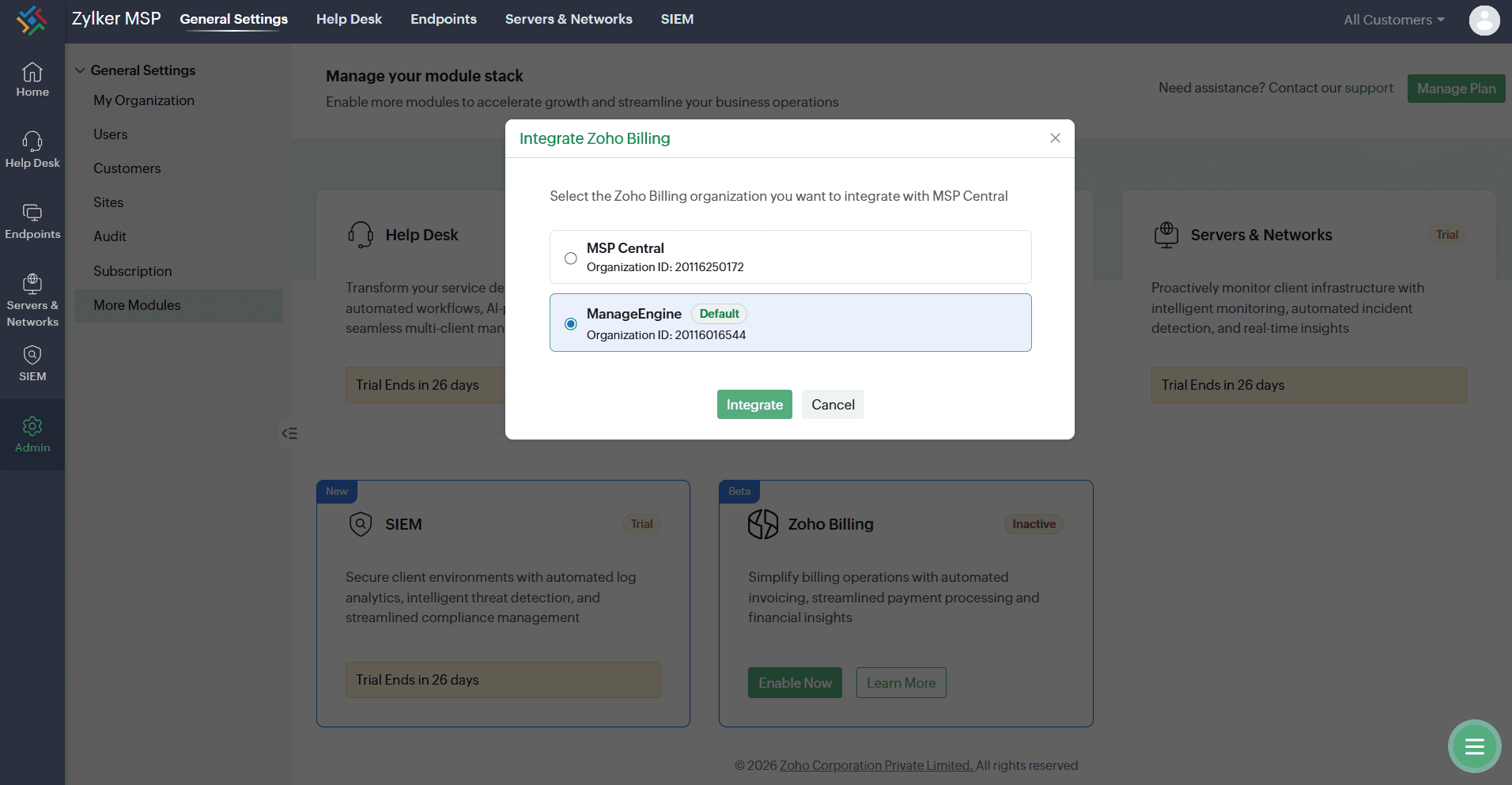 Select Organization to Integrate