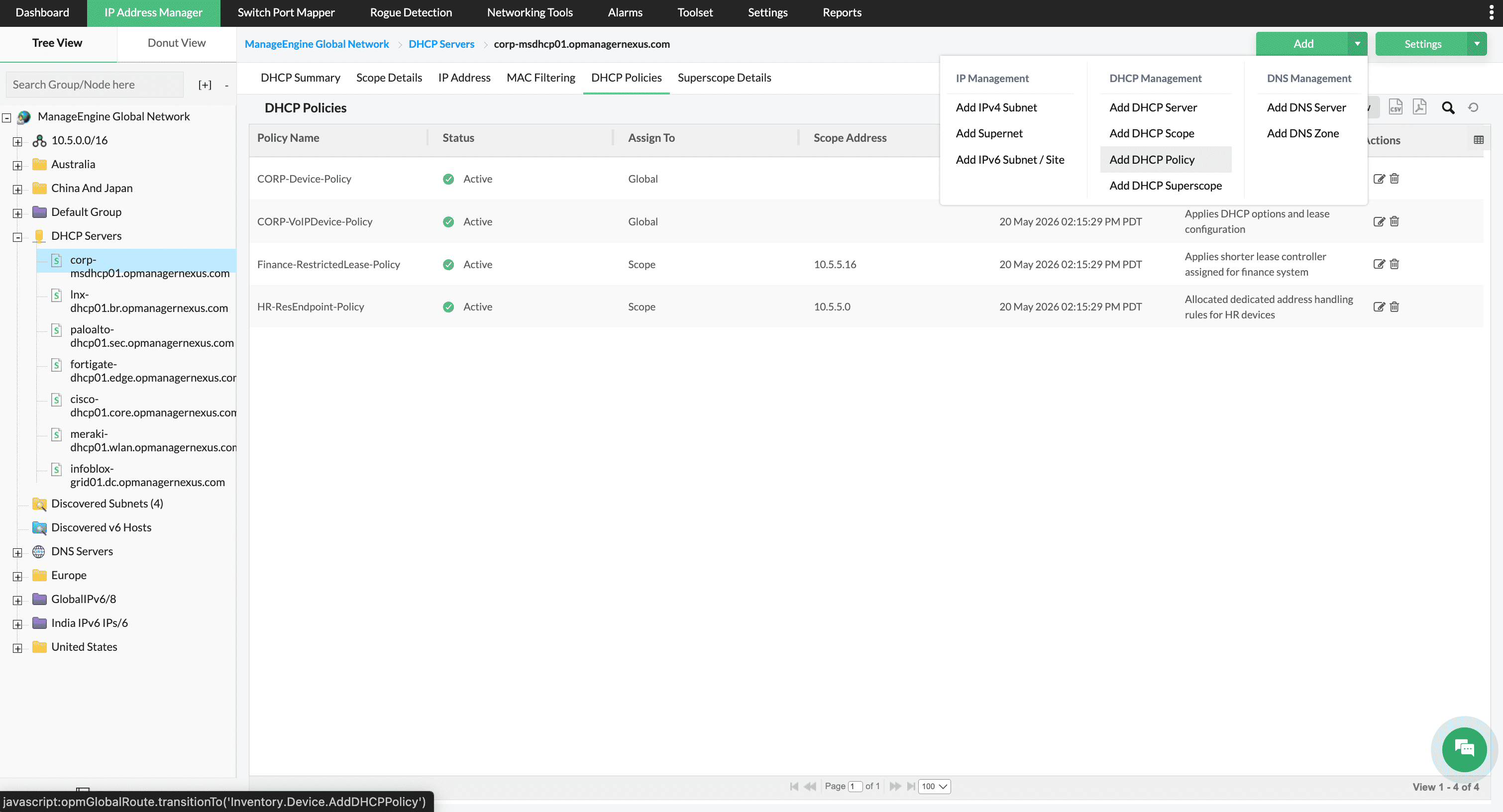 DHCP policy management - ManageEngine OpUtils