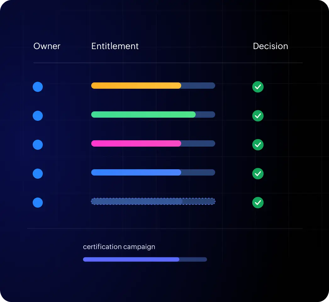Access certification table showing owner, entitlement and decision columns