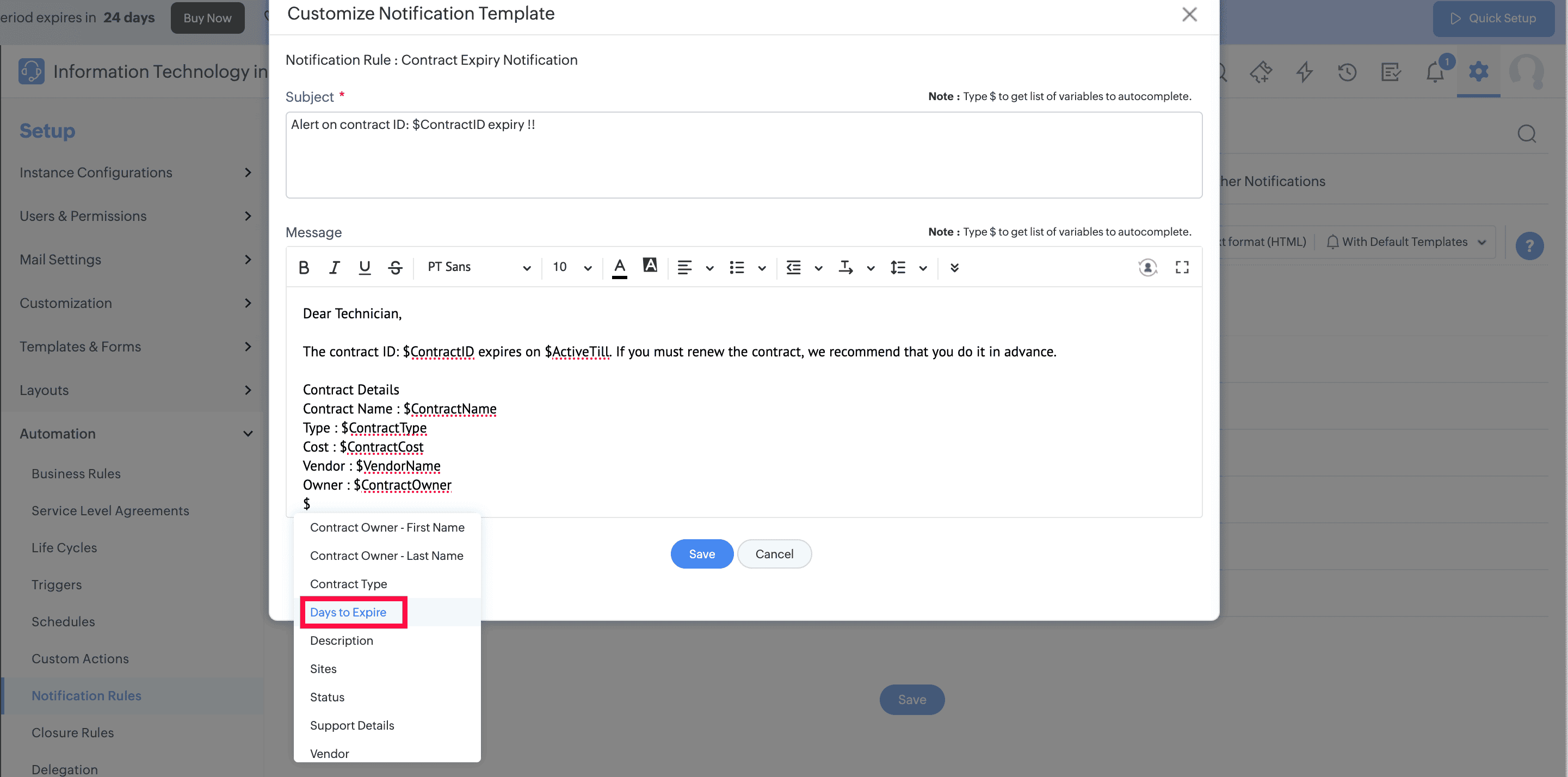 Customize Notification Template dialog with the Days to Expire variable in the autocomplete list