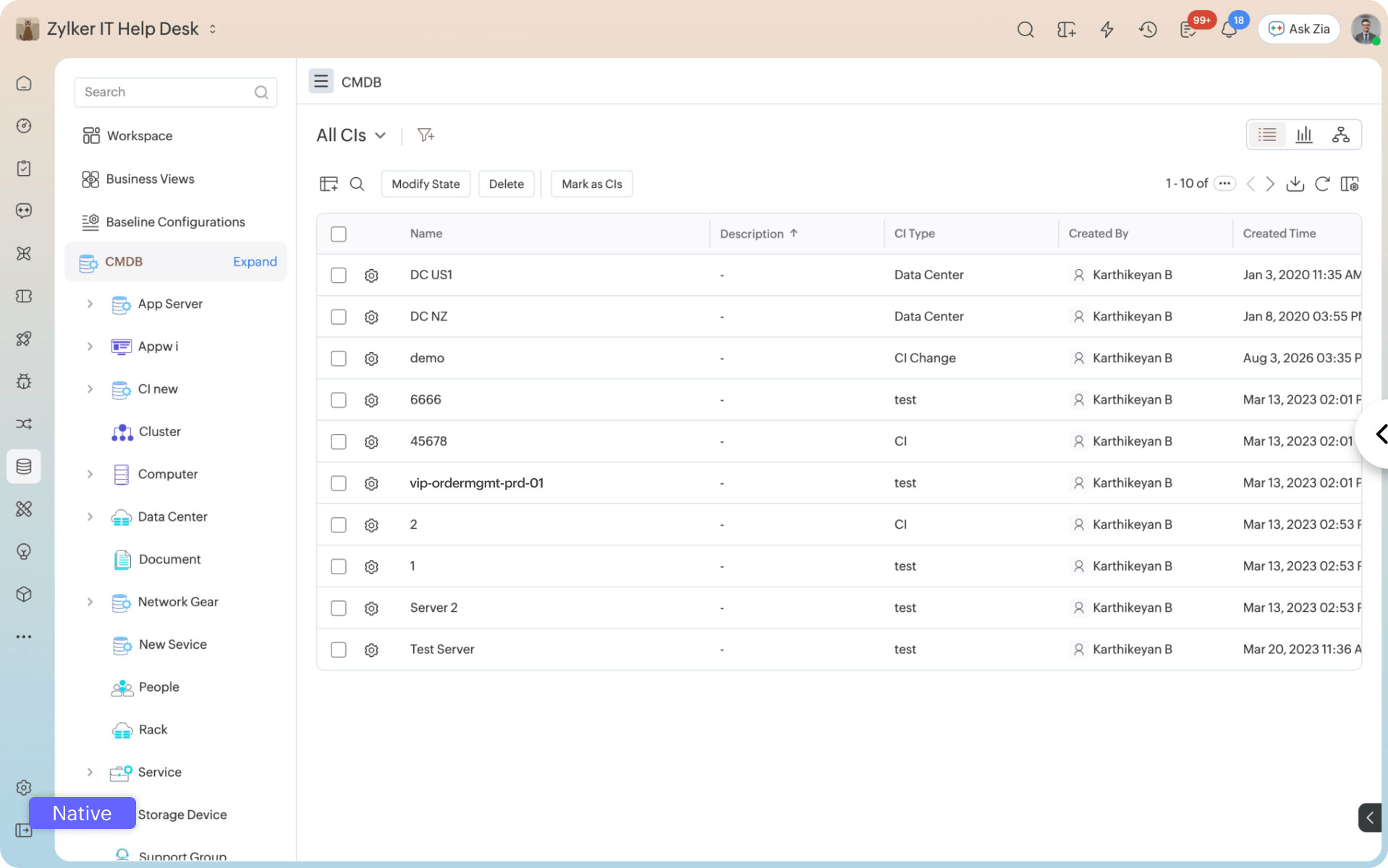 Custom Pages CMDB home page with configuration item list and relationship map