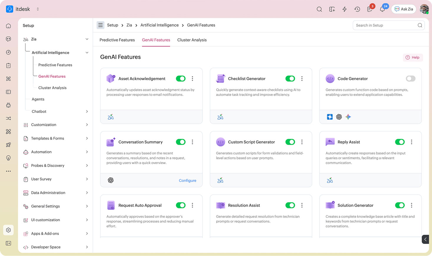 ServiceDesk Plus setup screen listing GenAI features like Reply Assist and Resolution Assist