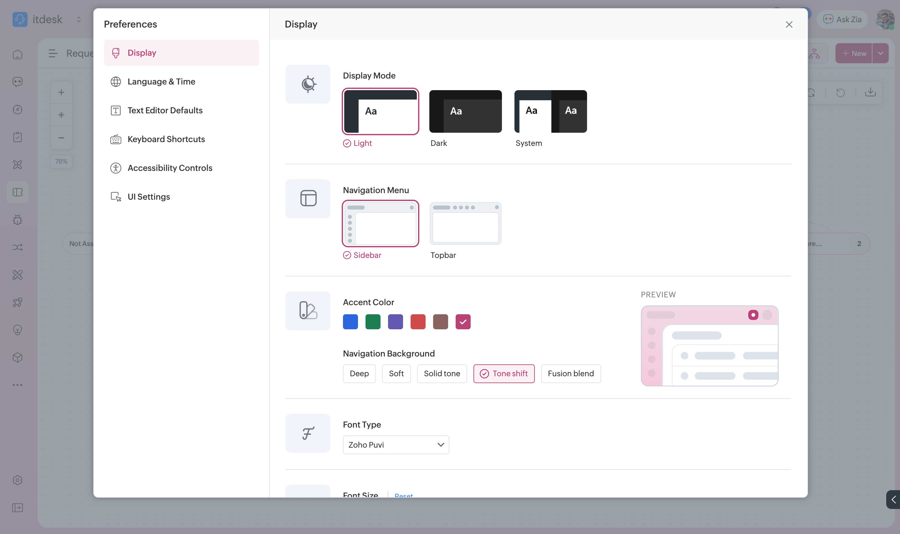 ServiceDesk Plus display settings with accent color and navigation background options