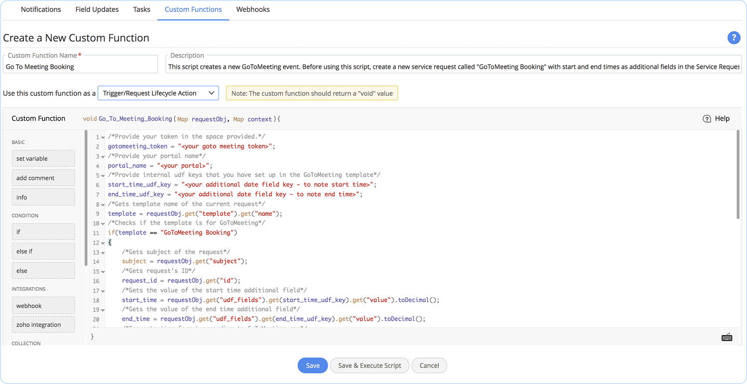 API orchestration via Deluge in Custom Functions Outgoing API call configured with Deluge invokeurl in the Custom Functions script editor