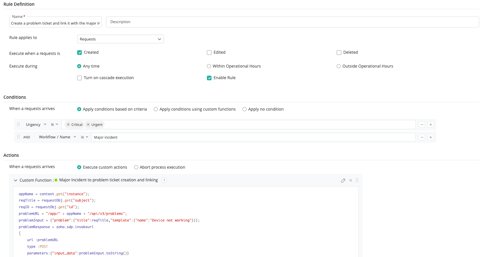 Custom Functions in Business Rules Custom Functions action configured as a step in a ServiceDesk Plus Business Rule editor