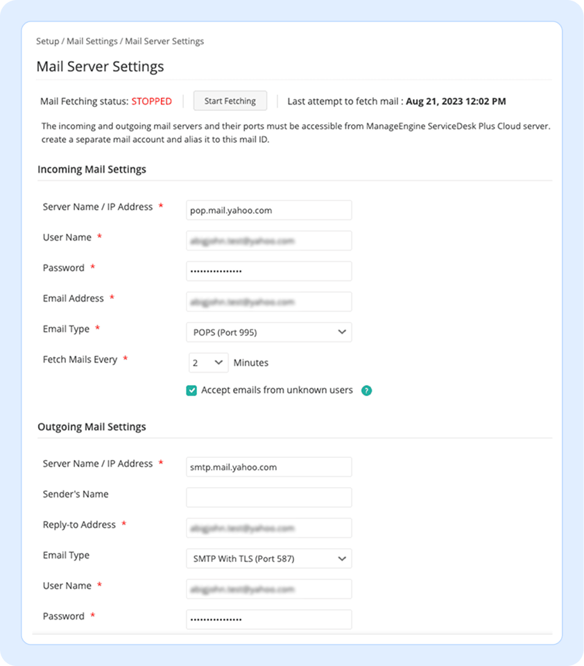 Mail server setup for email ticketing system Mail server configuration settings for incoming and outgoing email in an email ticketing system