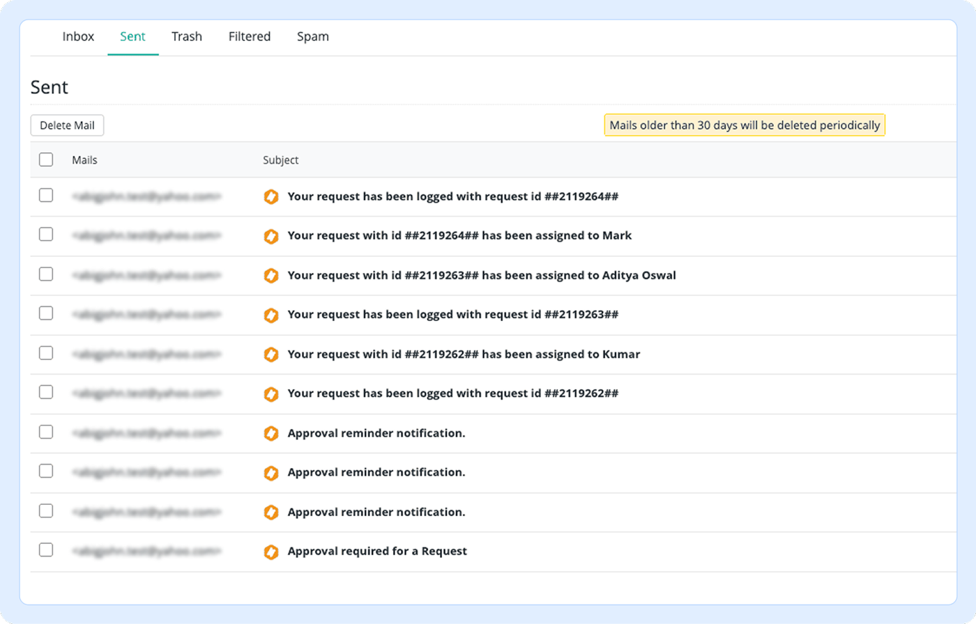 Access the mailbox within ServiceDesk Plus Unified inbox, sent, trash, and spam views inside an unified service management platform