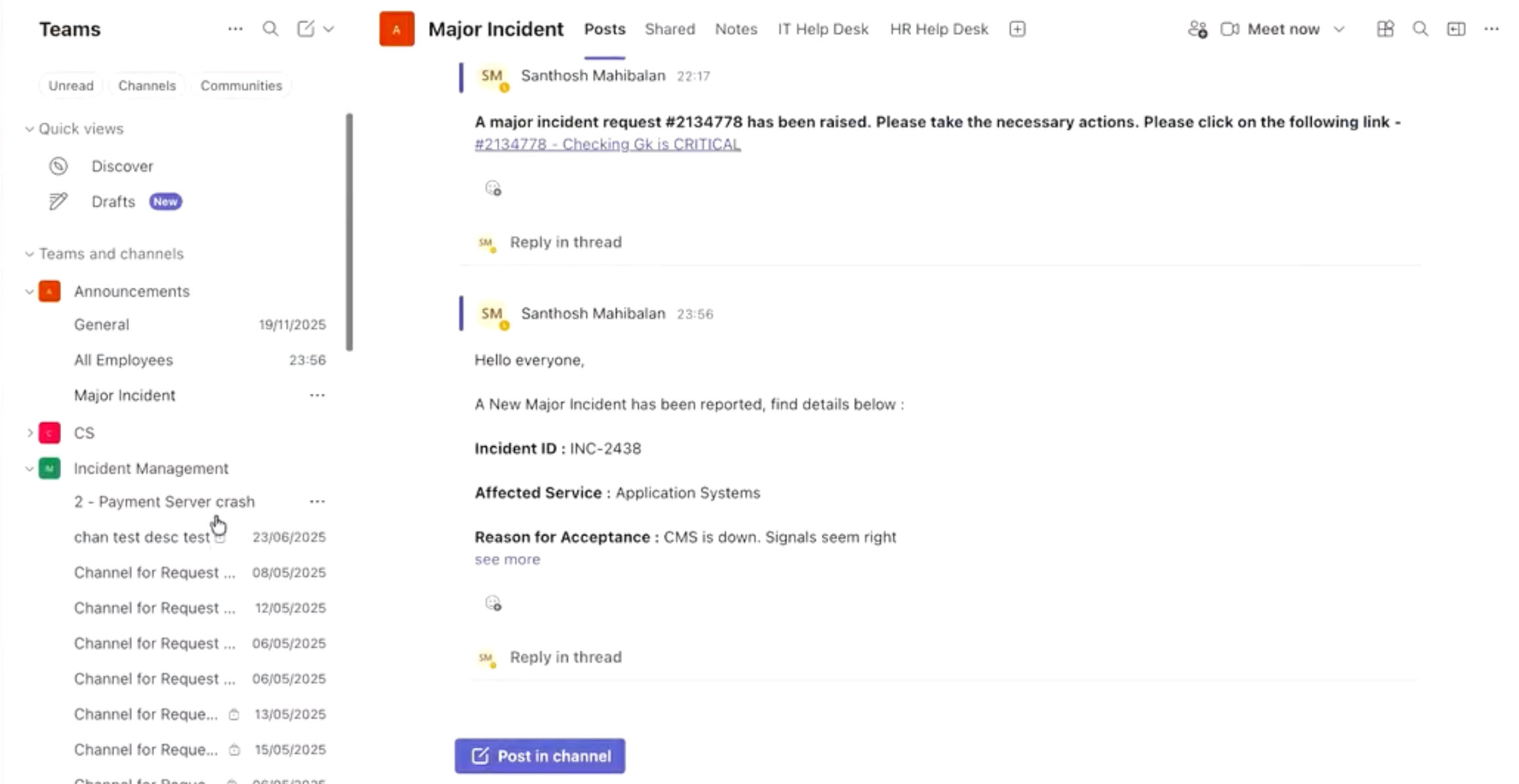ServiceDesk Plus ticket management interface embedded in Microsoft Teams for in-app IT support