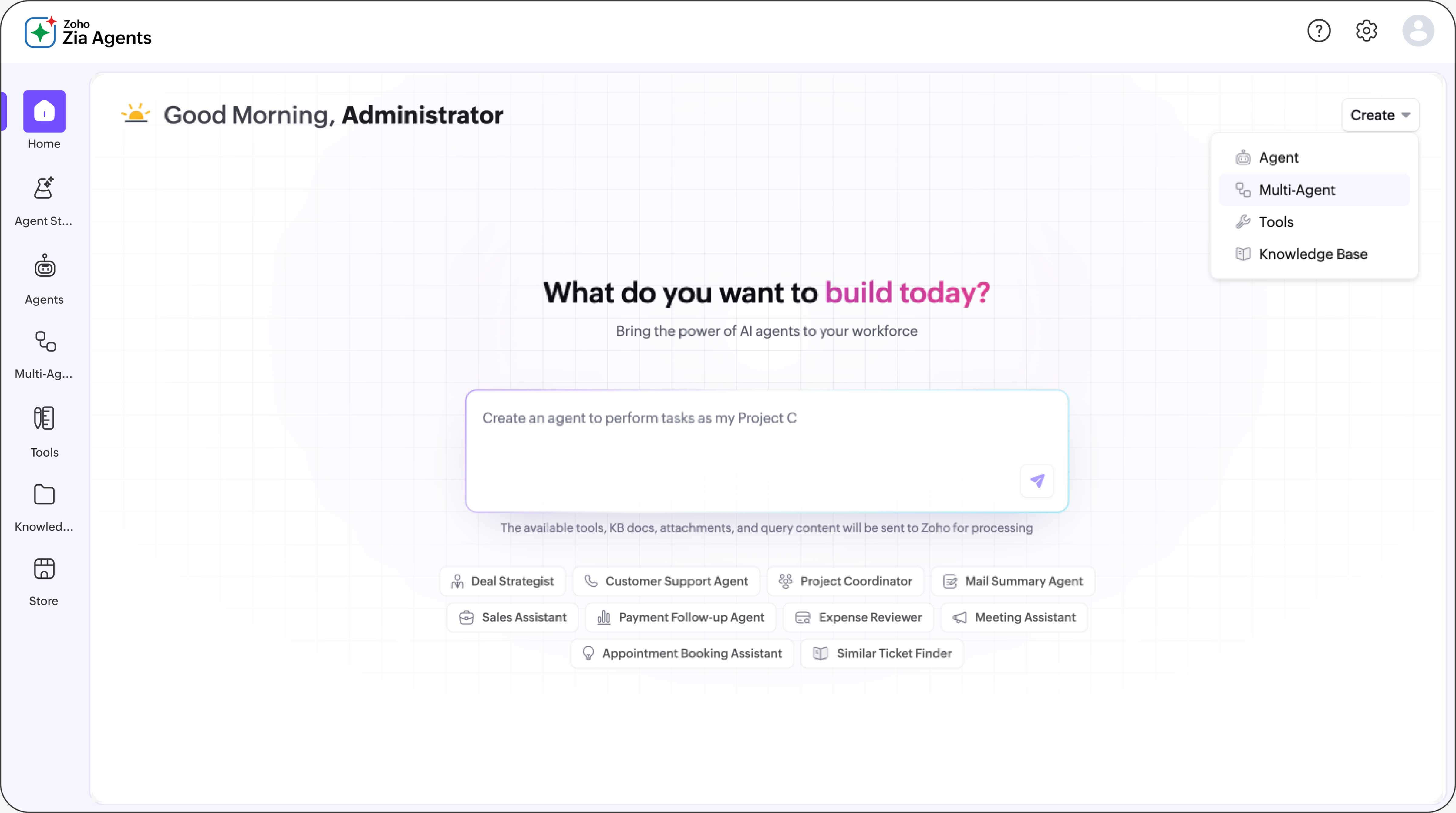 Build bespoke AI agents Zia Agent Studio - build bespoke AI agents